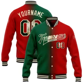 Custom Red Vintage Mexican Flag Kelly Green Cream-Black Bomber Full-Snap Varsity Letterman Gradient Fashion Jacket