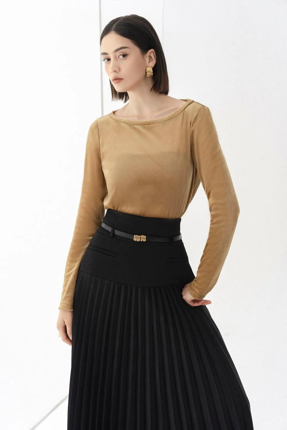 Doris Drop Waist Pleated Silk Midi Skirt