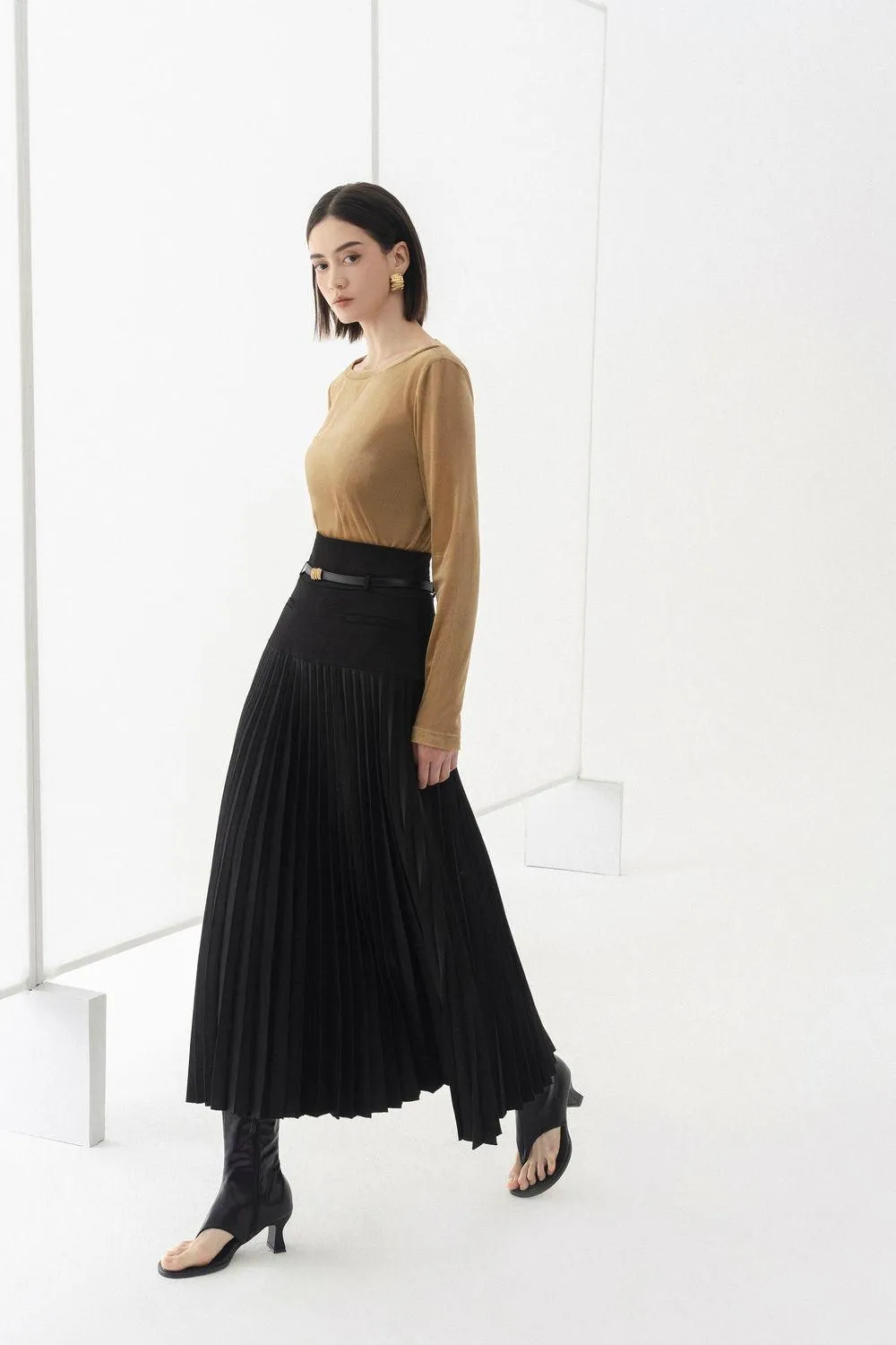 Doris Drop Waist Pleated Silk Midi Skirt