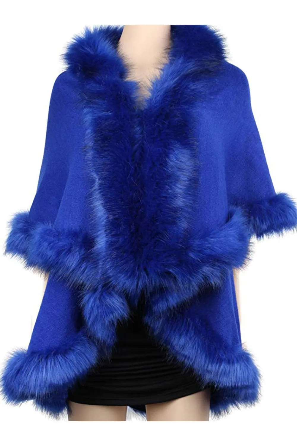 Double Layered Tonal Faux Fur Trim Poncho