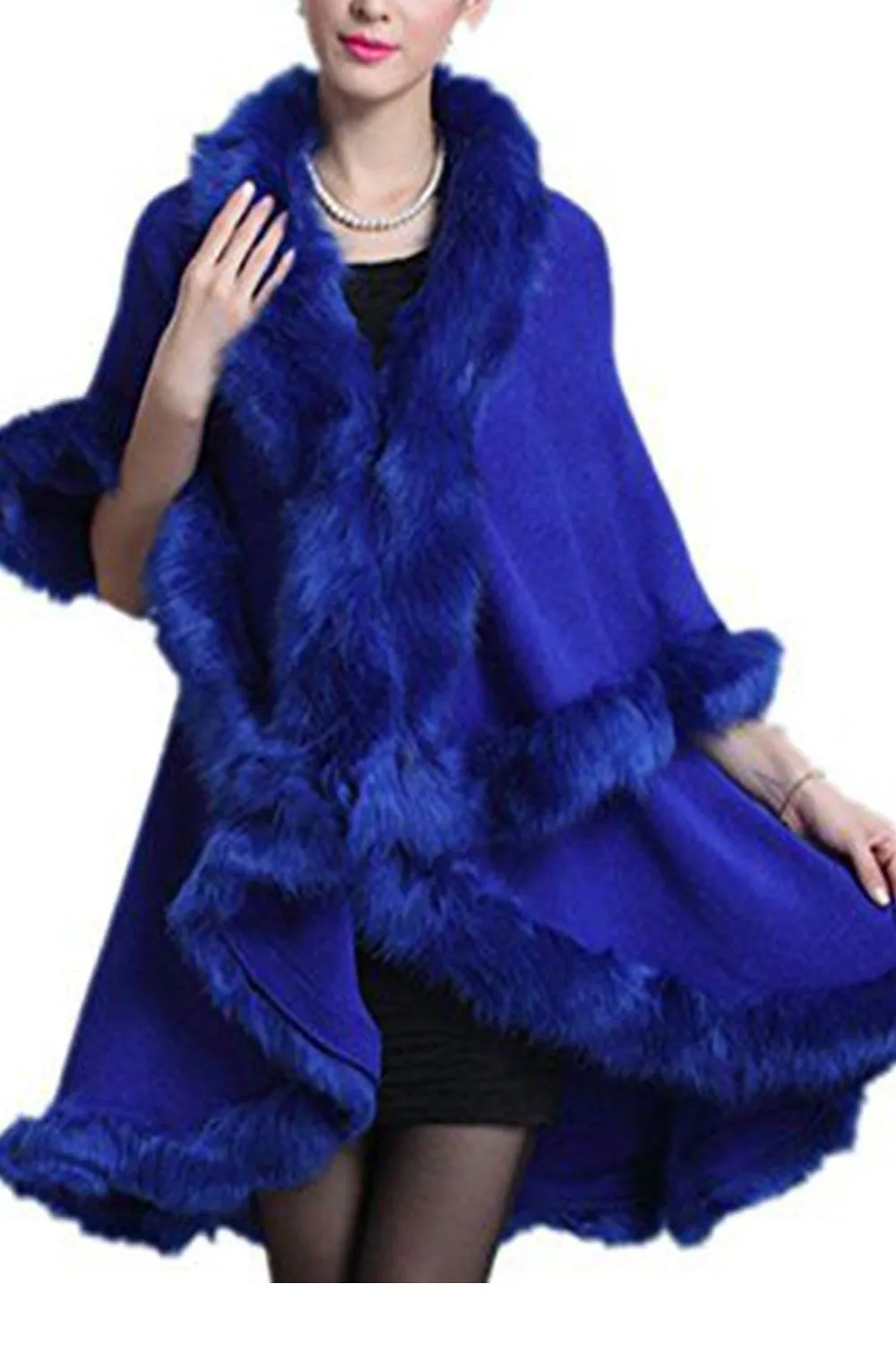 Double Layered Tonal Faux Fur Trim Poncho