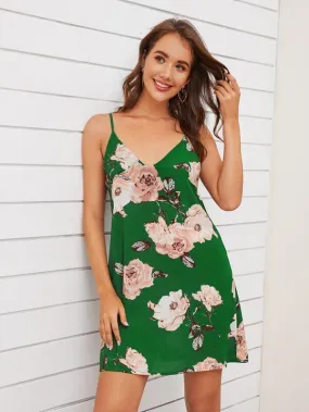 Double V-Neck Floral Print Slip Dress