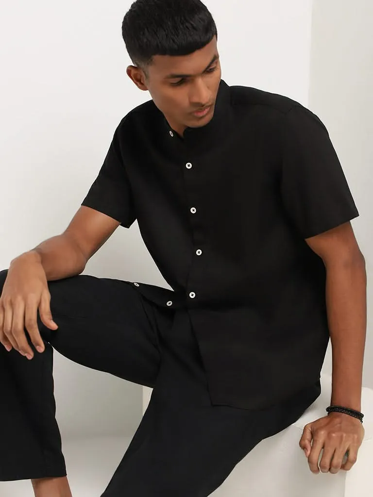 ETA Self-Patterned Black Cotton Resort Fit Shirt