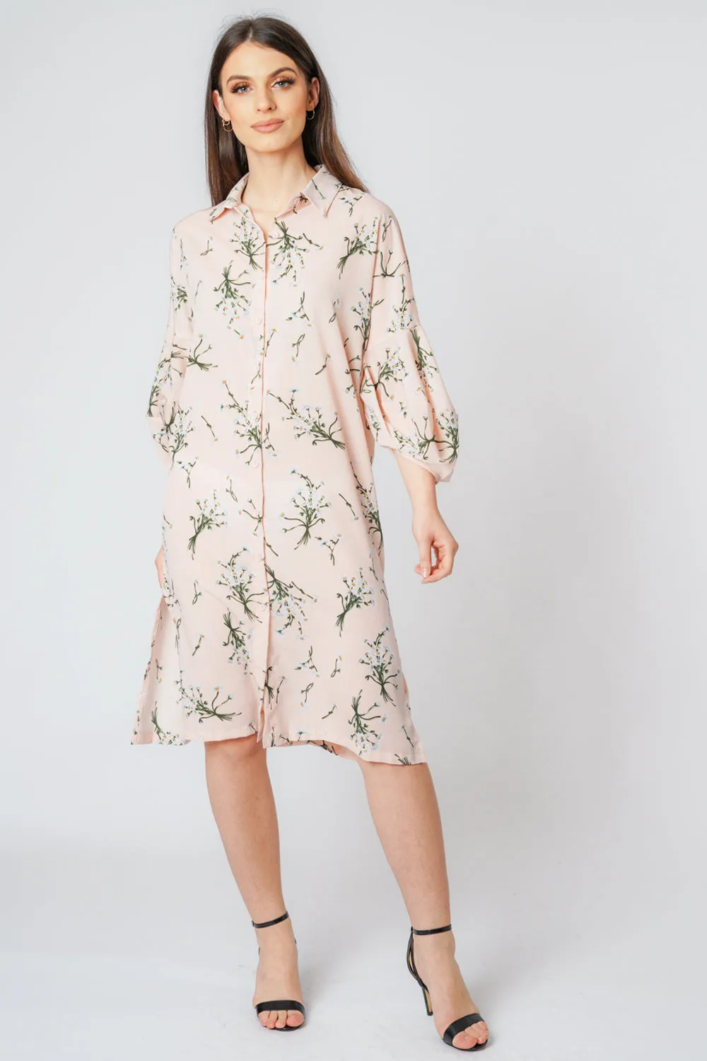 Floral Puff Sleeve Button Up Shirt Midi Dress