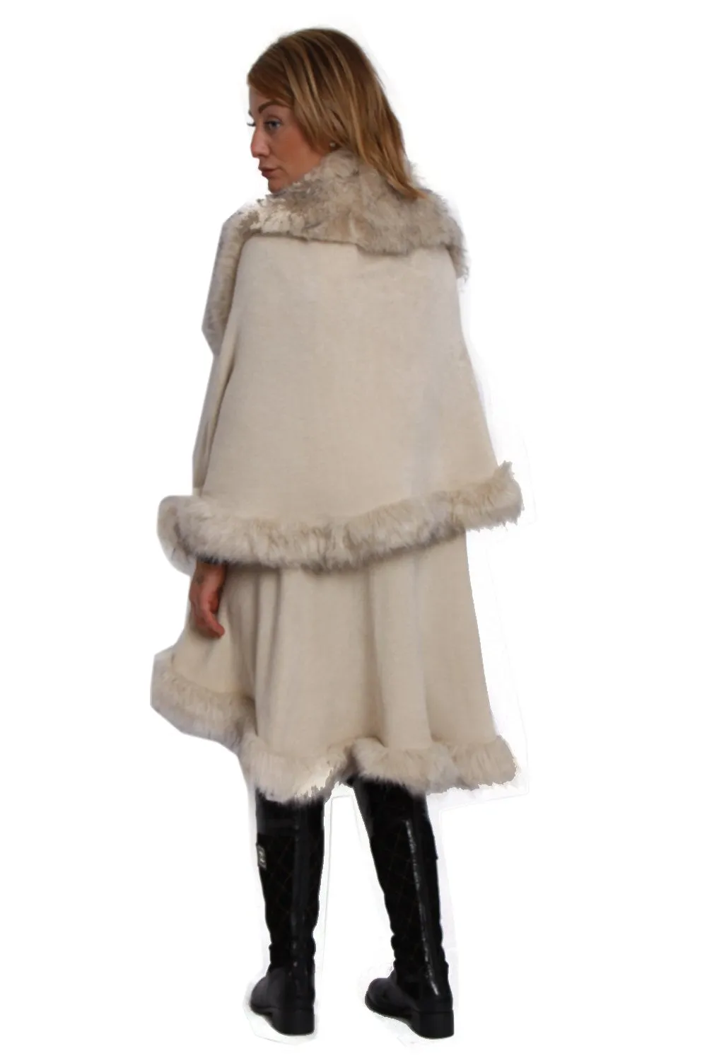 Fluffy Double Layered Faux Fur Trim Poncho