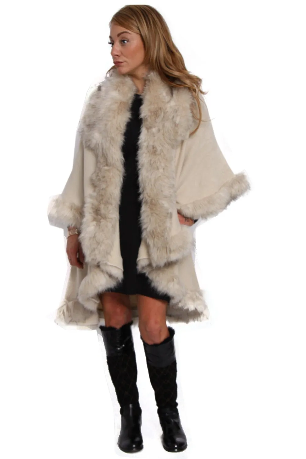 Fluffy Double Layered Faux Fur Trim Poncho