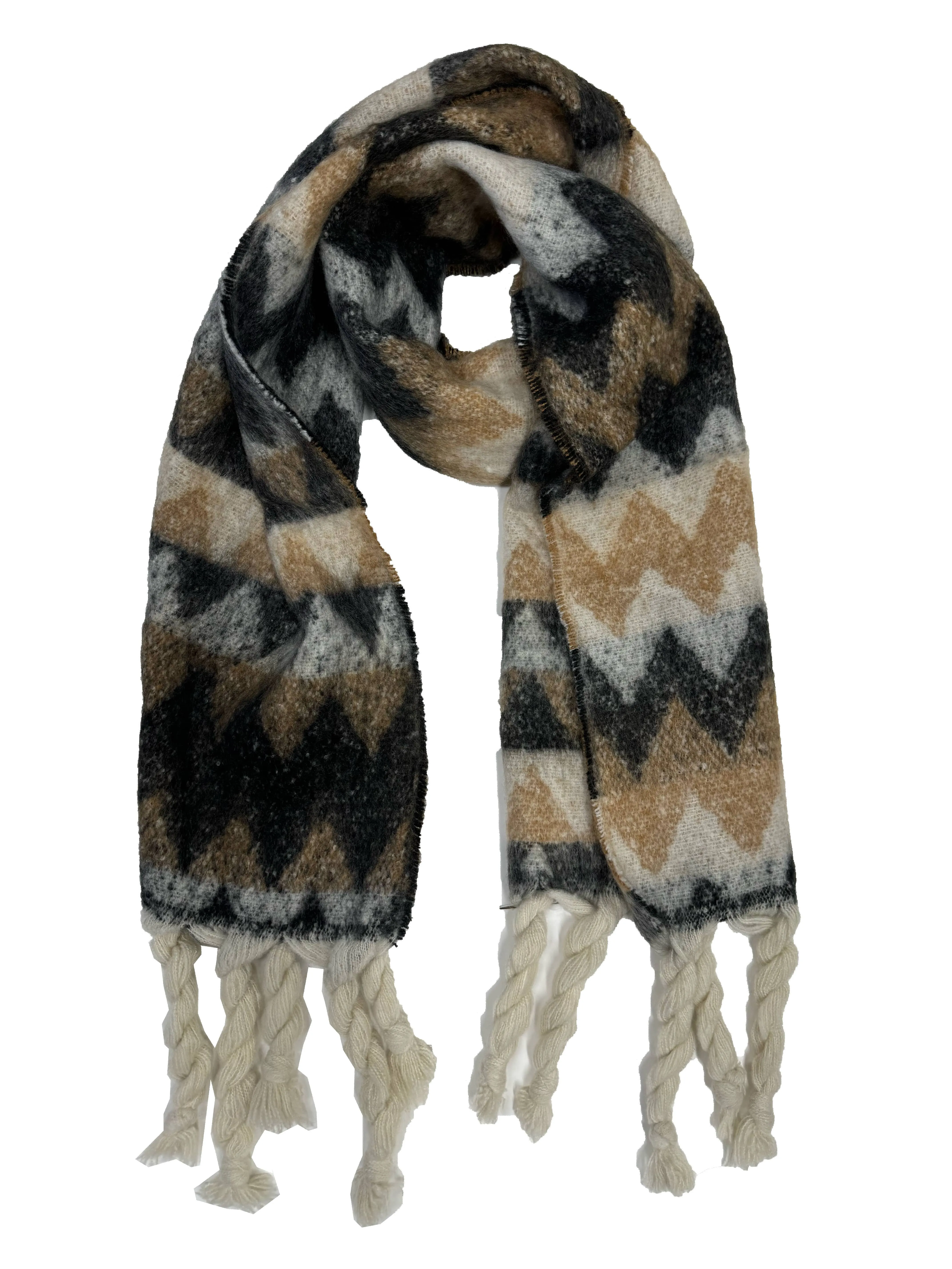 Fluffy Zig Zag Print Winter Scarf with Rope Tassels