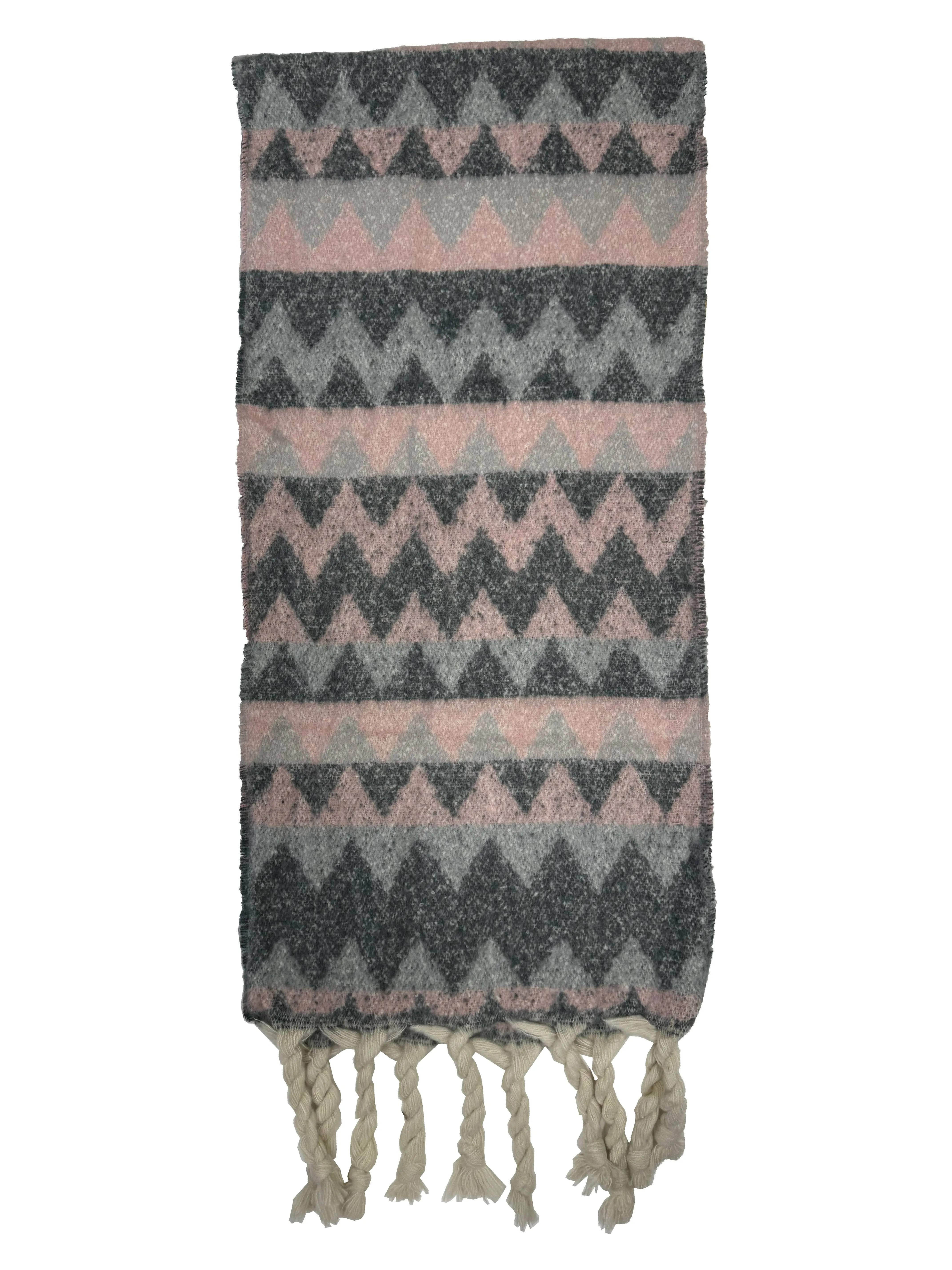 Fluffy Zig Zag Print Winter Scarf with Rope Tassels