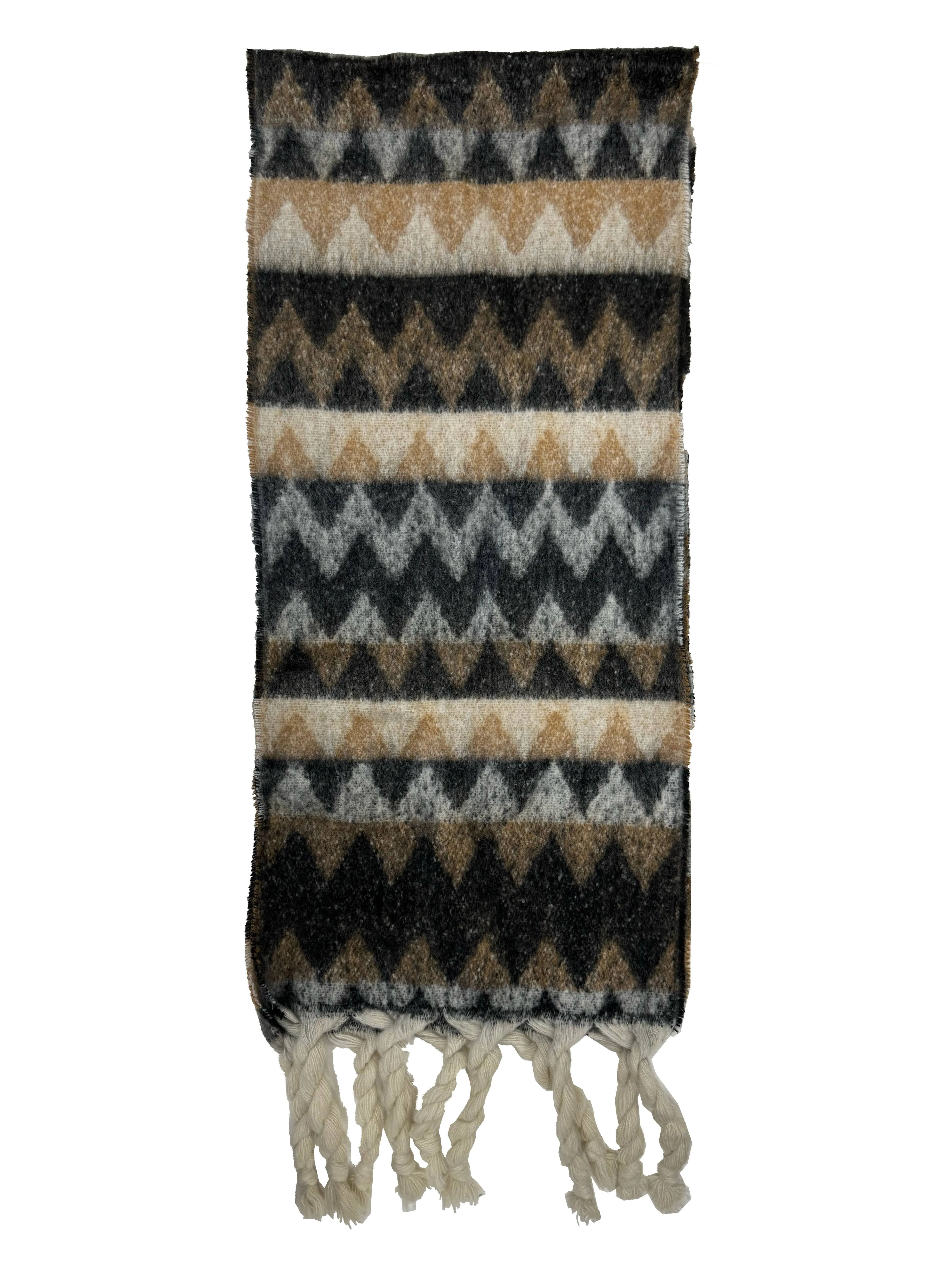 Fluffy Zig Zag Print Winter Scarf with Rope Tassels