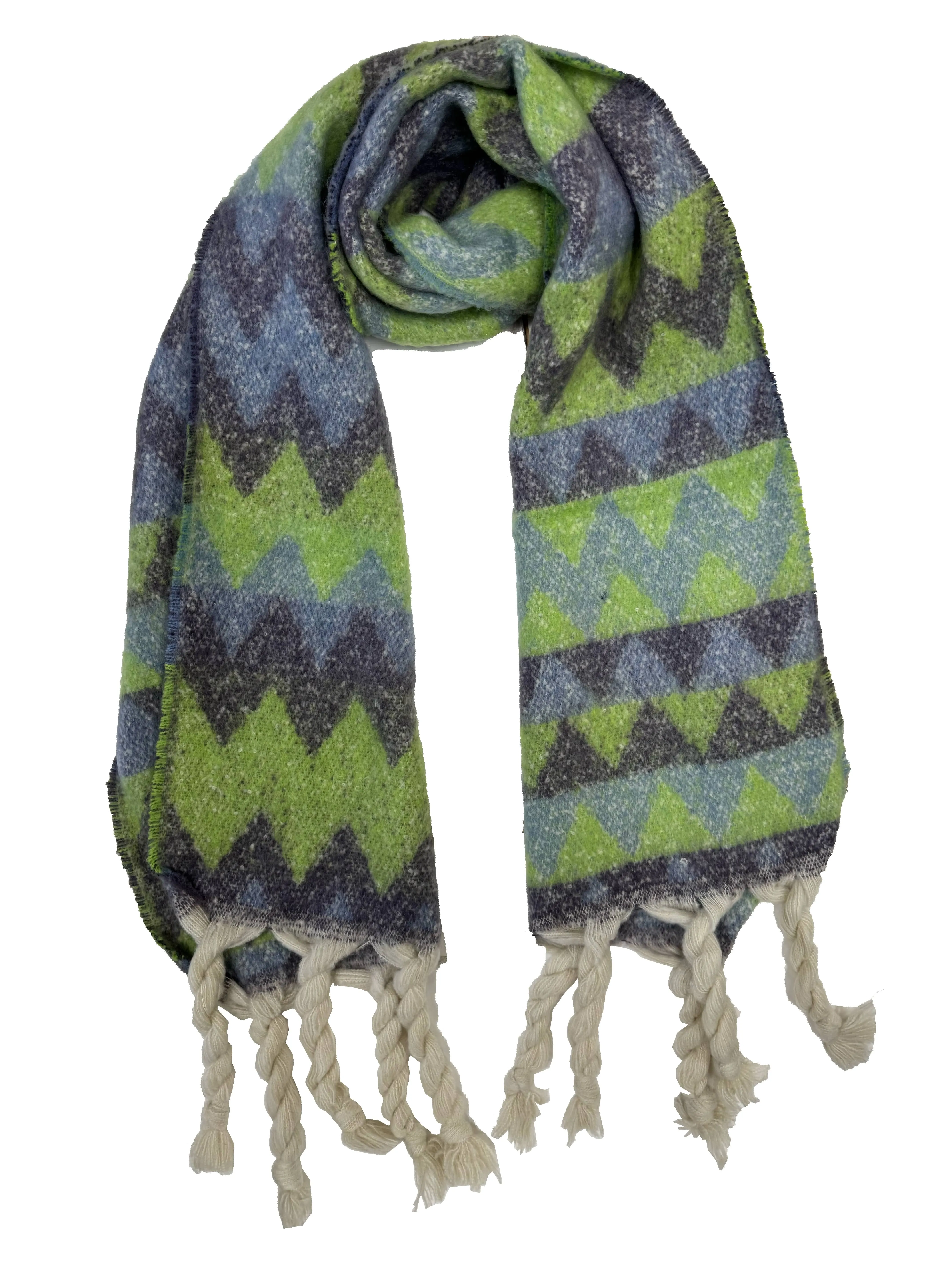 Fluffy Zig Zag Print Winter Scarf with Rope Tassels