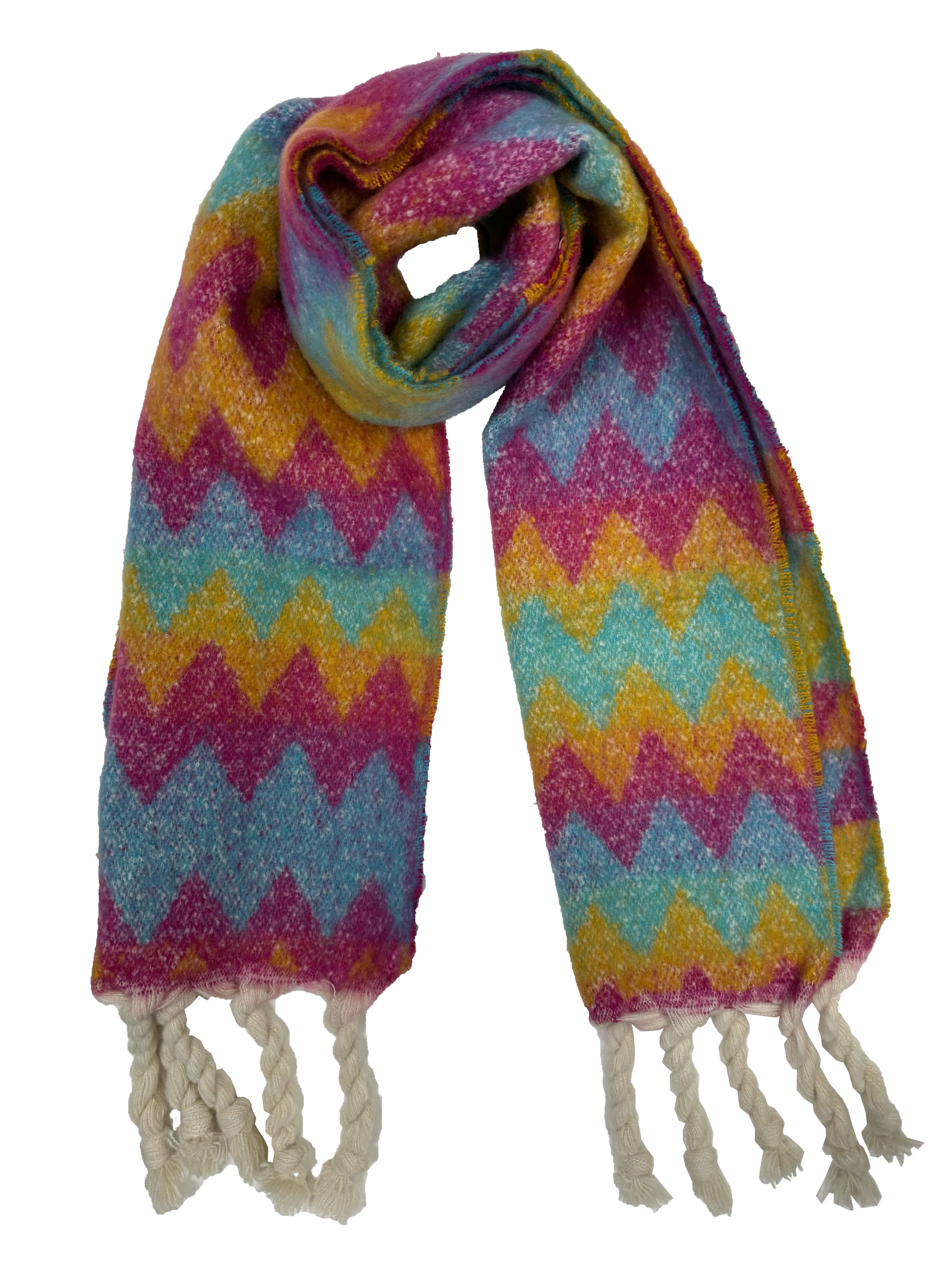 Fluffy Zig Zag Print Winter Scarf with Rope Tassels