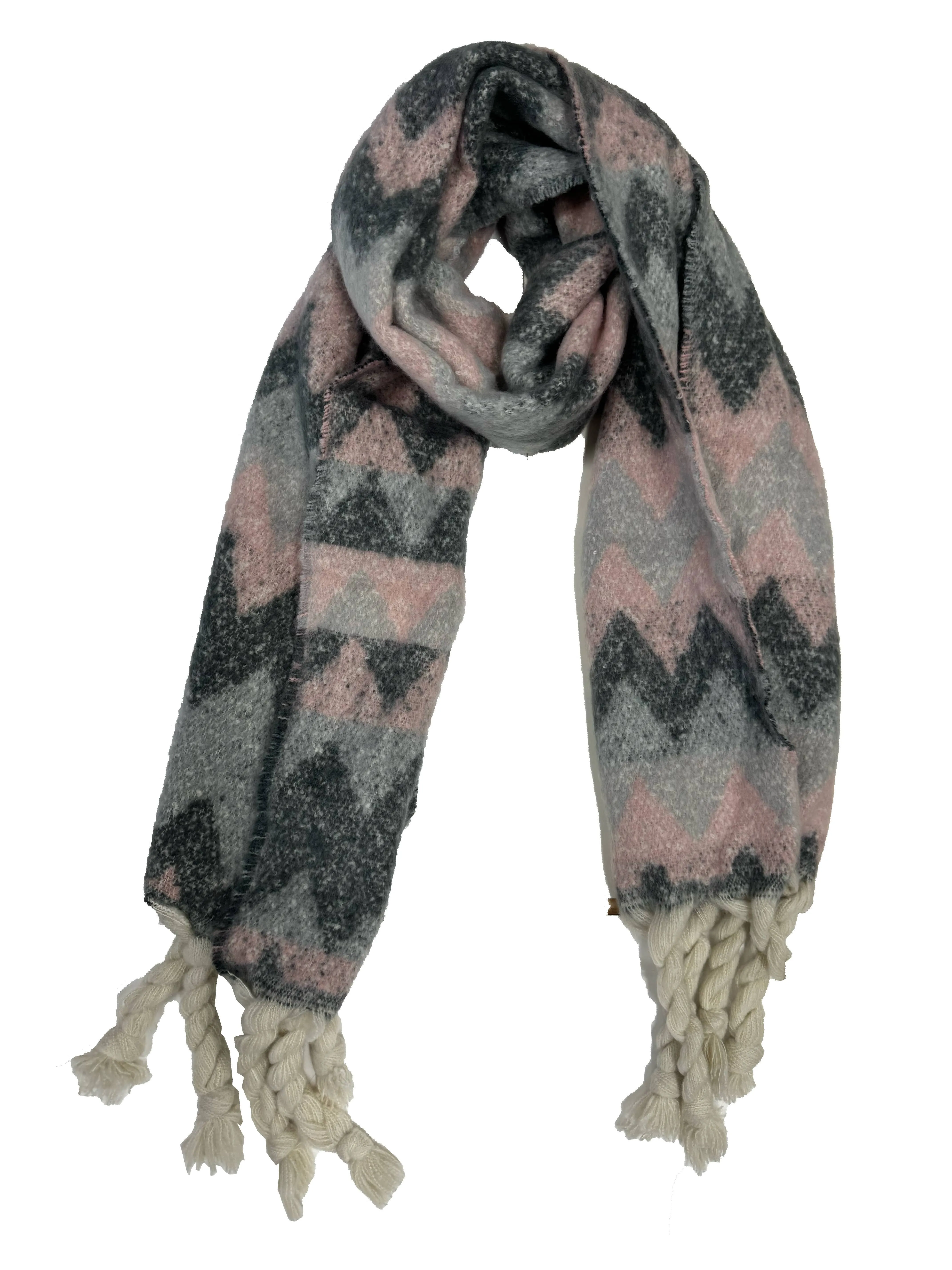 Fluffy Zig Zag Print Winter Scarf with Rope Tassels