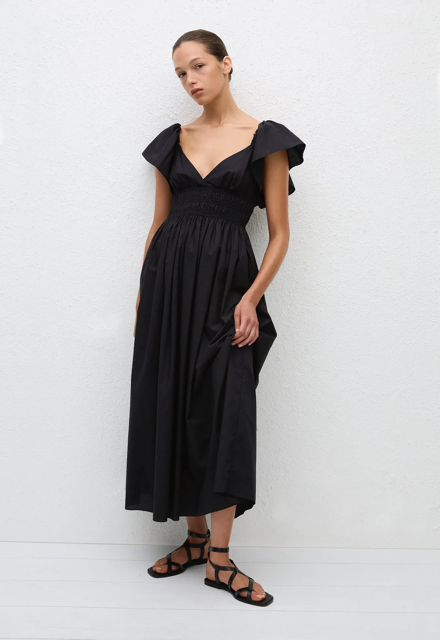 Flutter Sleeve Midi Dress - Black