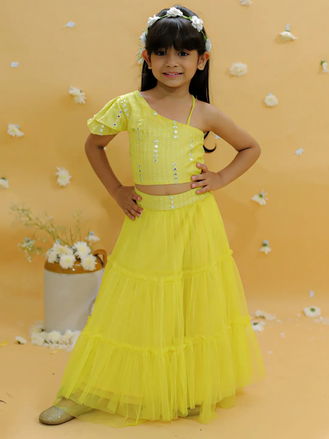 Girl's Off Shoulder Faux Mirror Choli With Tie Ups & Smocking At Back, Mesh Layered Flared Ghaghra With Faux Mirror Belt-Yellow - Lil Peacock