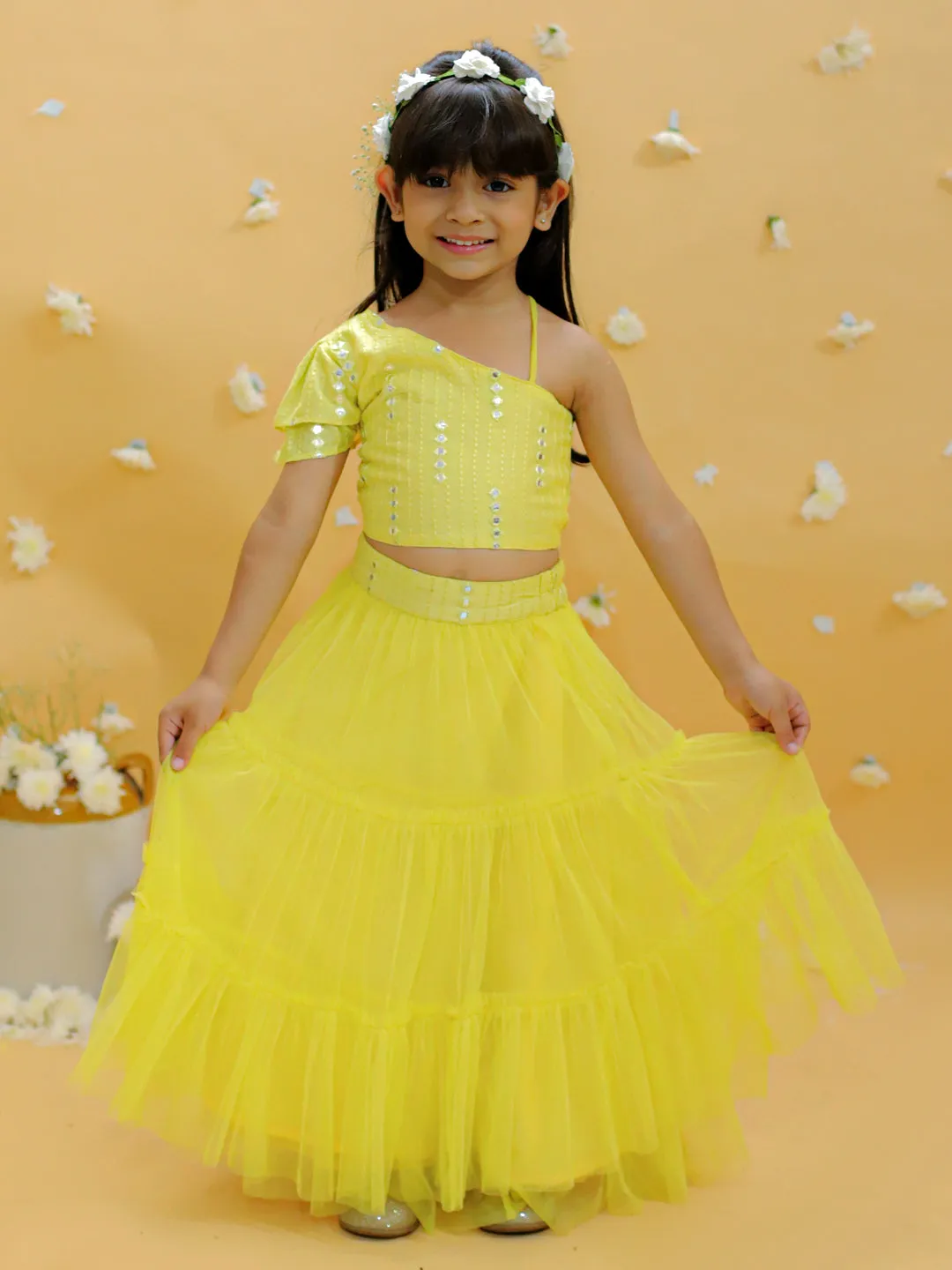 Girl's Off Shoulder Faux Mirror Choli With Tie Ups & Smocking At Back, Mesh Layered Flared Ghaghra With Faux Mirror Belt-Yellow - Lil Peacock