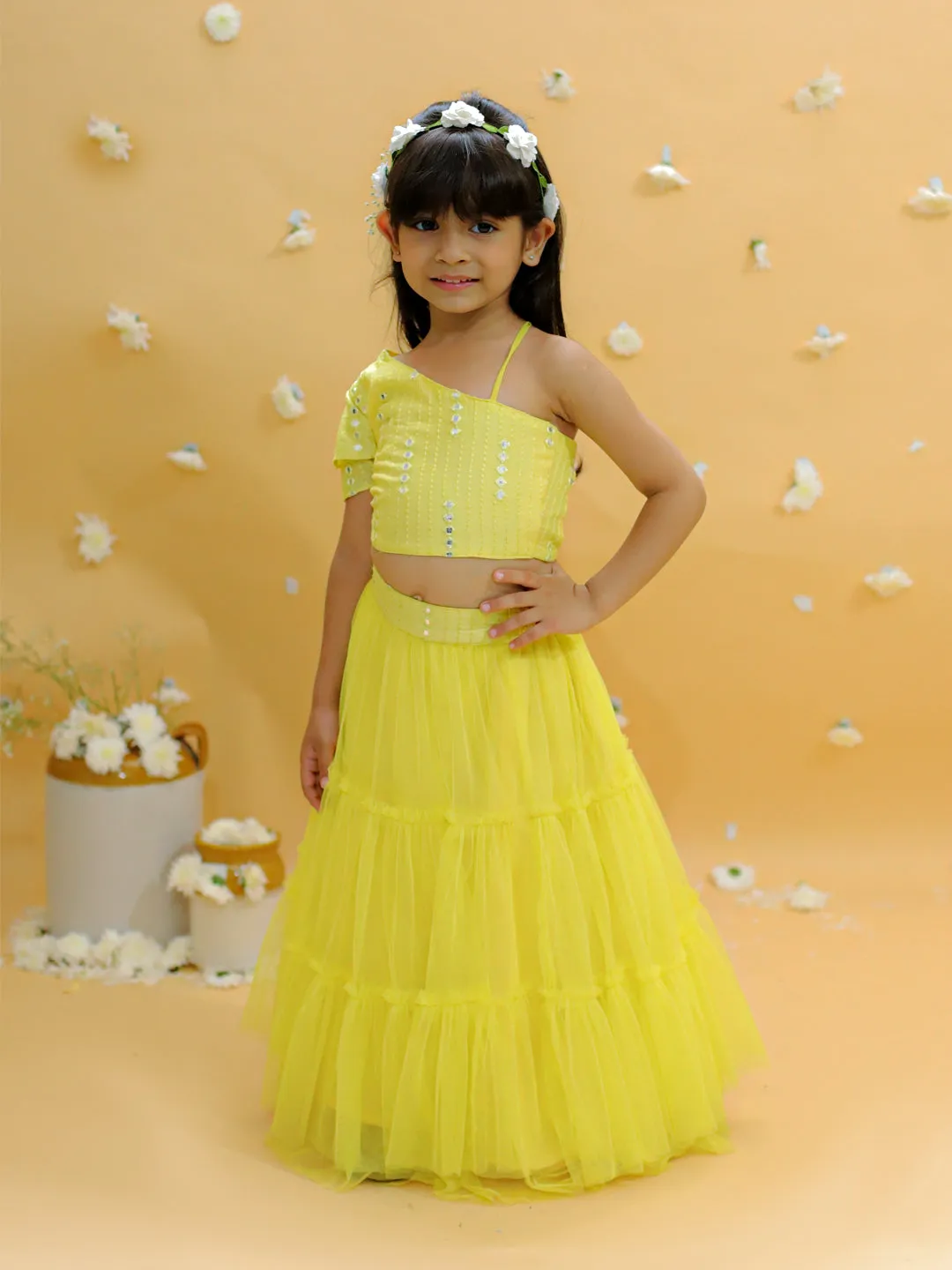 Girl's Off Shoulder Faux Mirror Choli With Tie Ups & Smocking At Back, Mesh Layered Flared Ghaghra With Faux Mirror Belt-Yellow - Lil Peacock