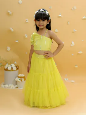 Girl's Off Shoulder Faux Mirror Choli With Tie Ups & Smocking At Back, Mesh Layered Flared Ghaghra With Faux Mirror Belt-Yellow - Lil Peacock