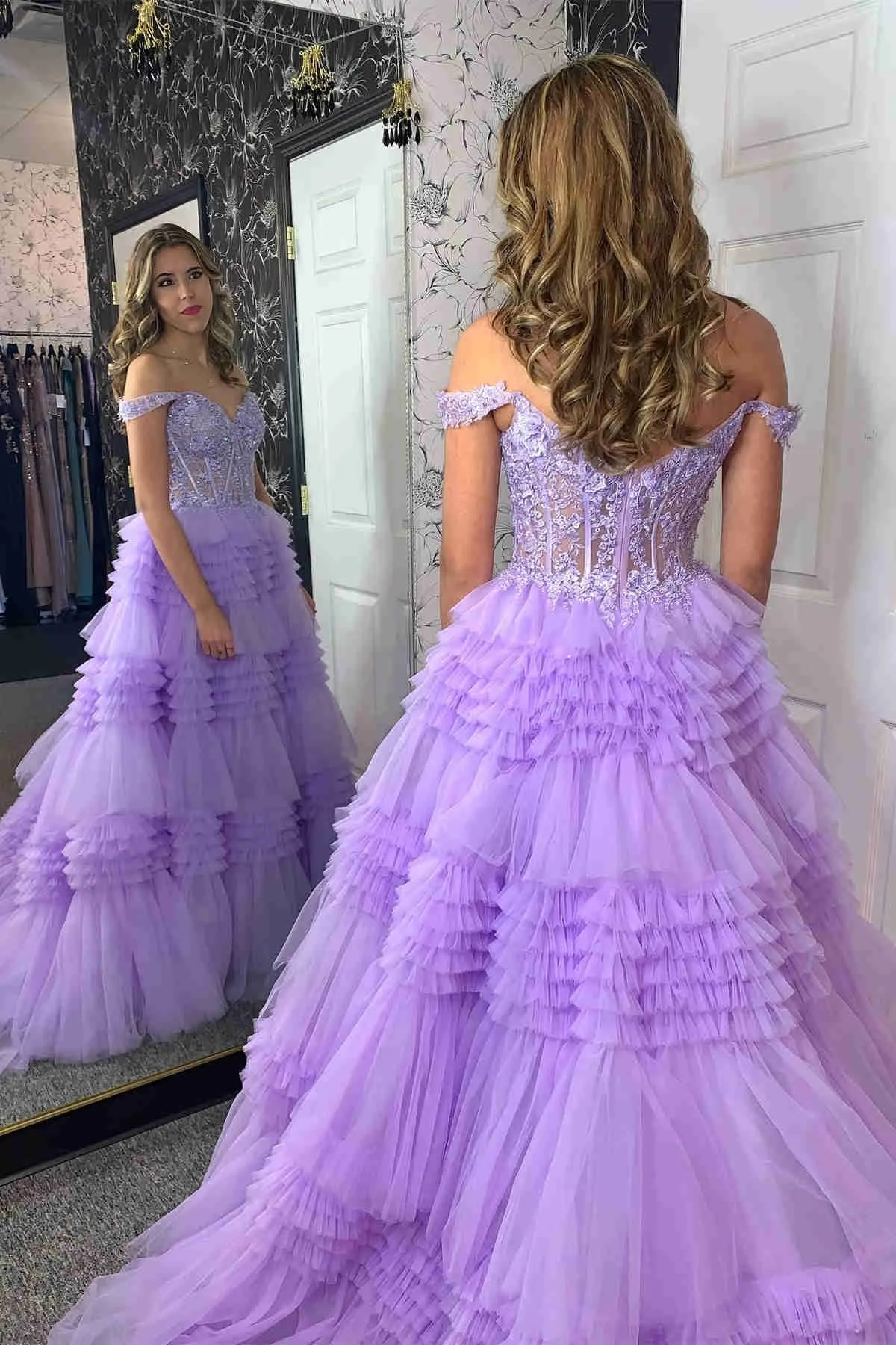 Gorgeous Off Shoulder Purple Lace Long Prom Dress, Off the Shoulder Lilac Formal Evening Dress, Purple Lace Ball Gown A2024