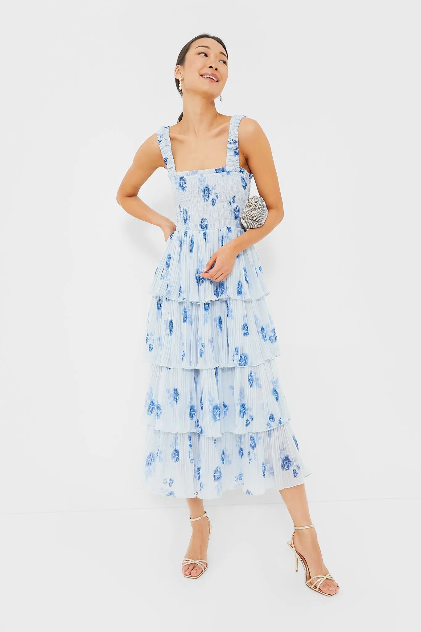 Heather Pleated Georgette Smock Midi Strap Dress