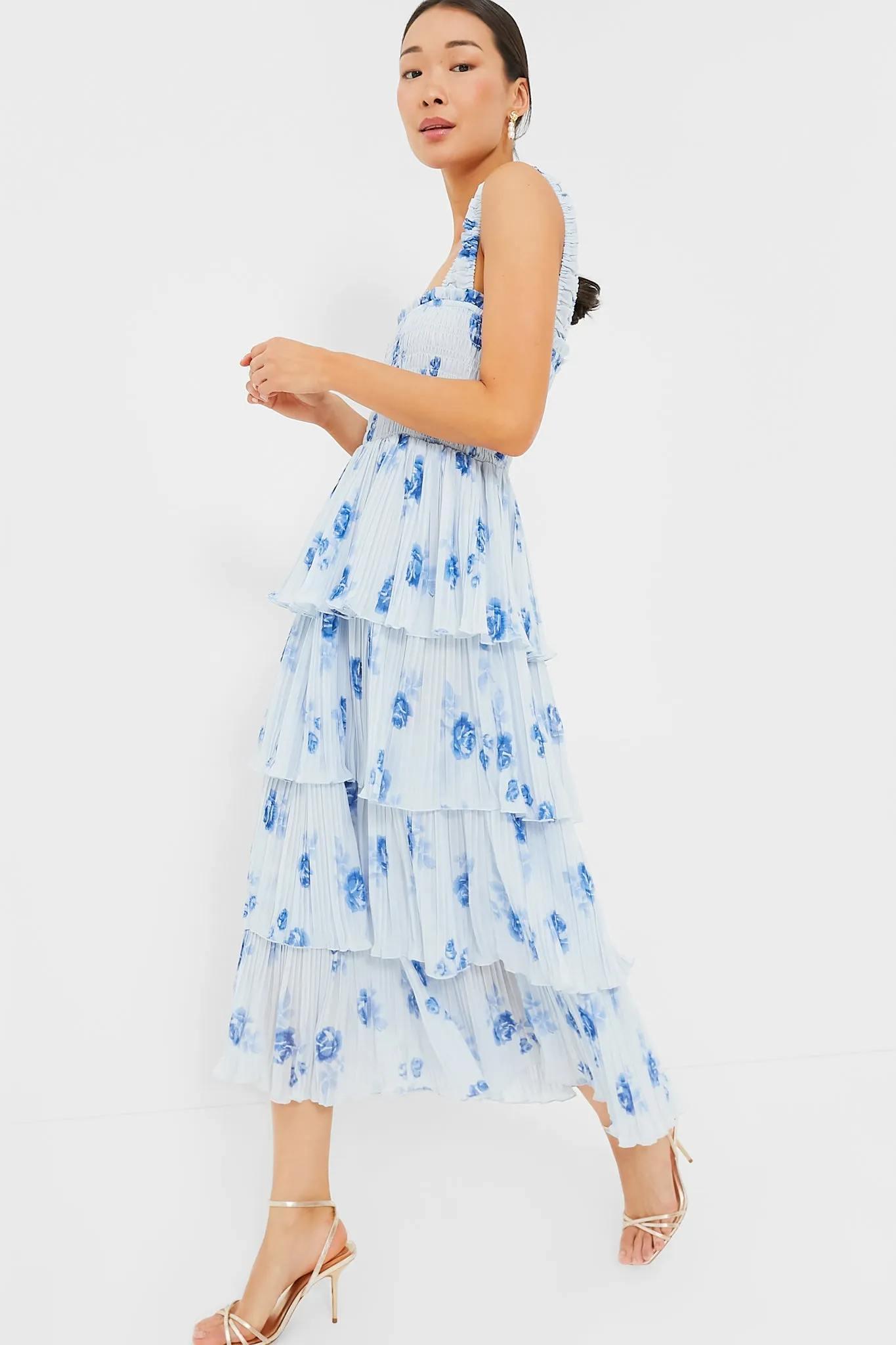 Heather Pleated Georgette Smock Midi Strap Dress