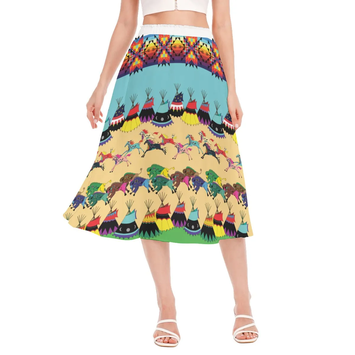 Horses and Buffalo Ledger White Women's Long Section Chiffon Skirt