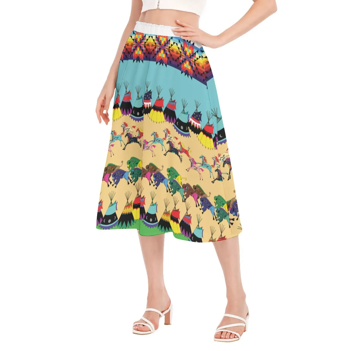 Horses and Buffalo Ledger White Women's Long Section Chiffon Skirt