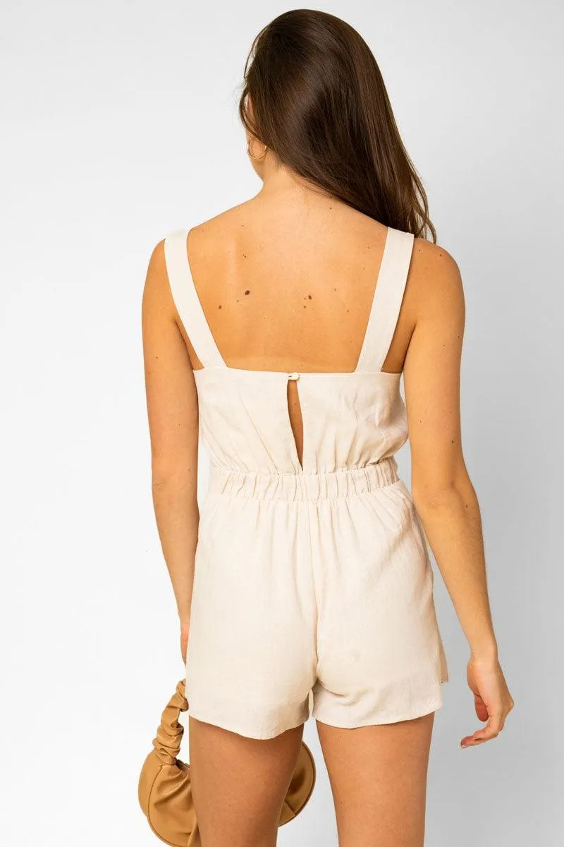 Ivory Sleeveless Square Neckline Pleated Romper