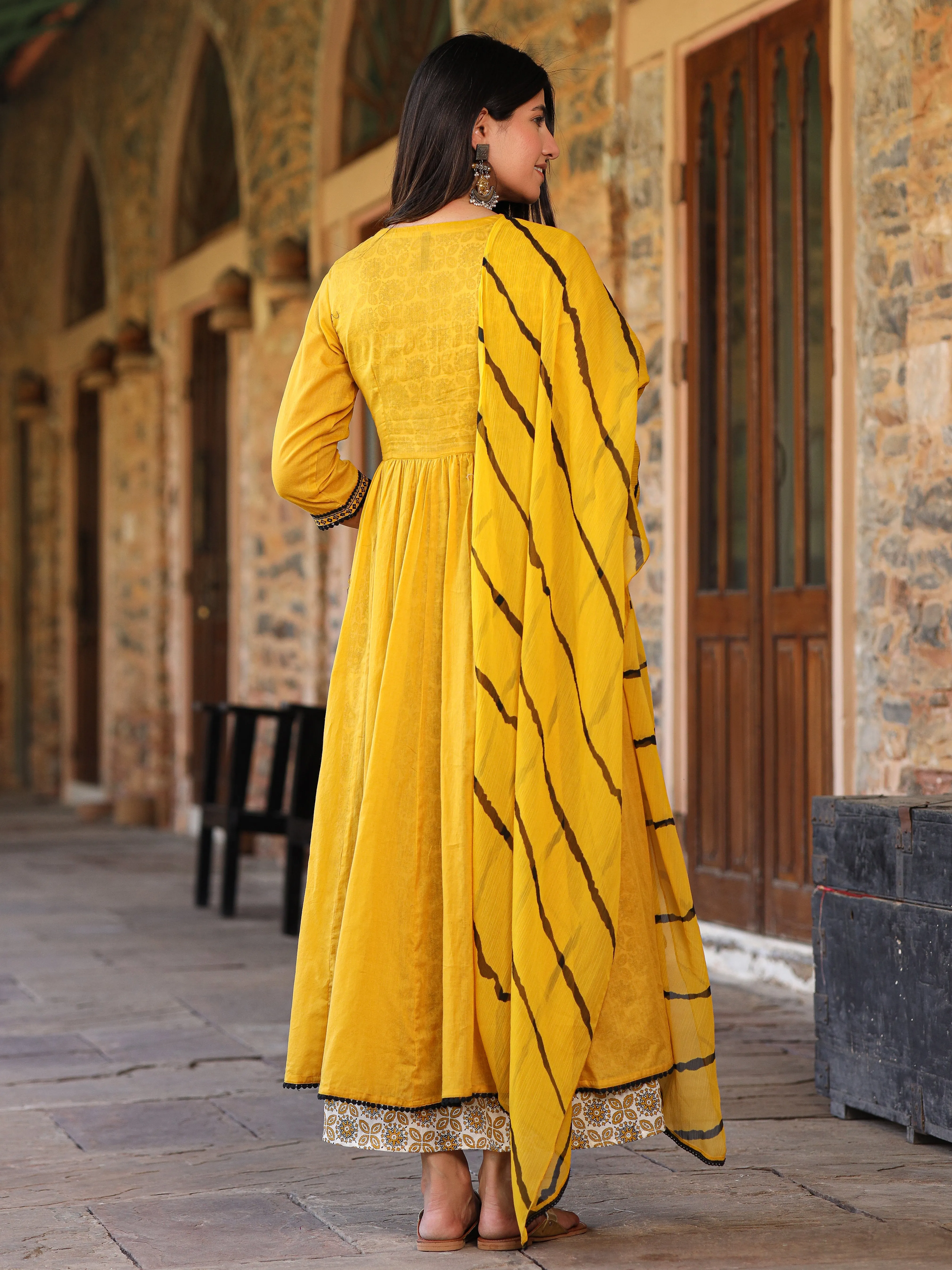 Jashvi Mustard & Black Cotton  Embroidered Anarkali Dress With Jacket & Tie-Dye Dupatta