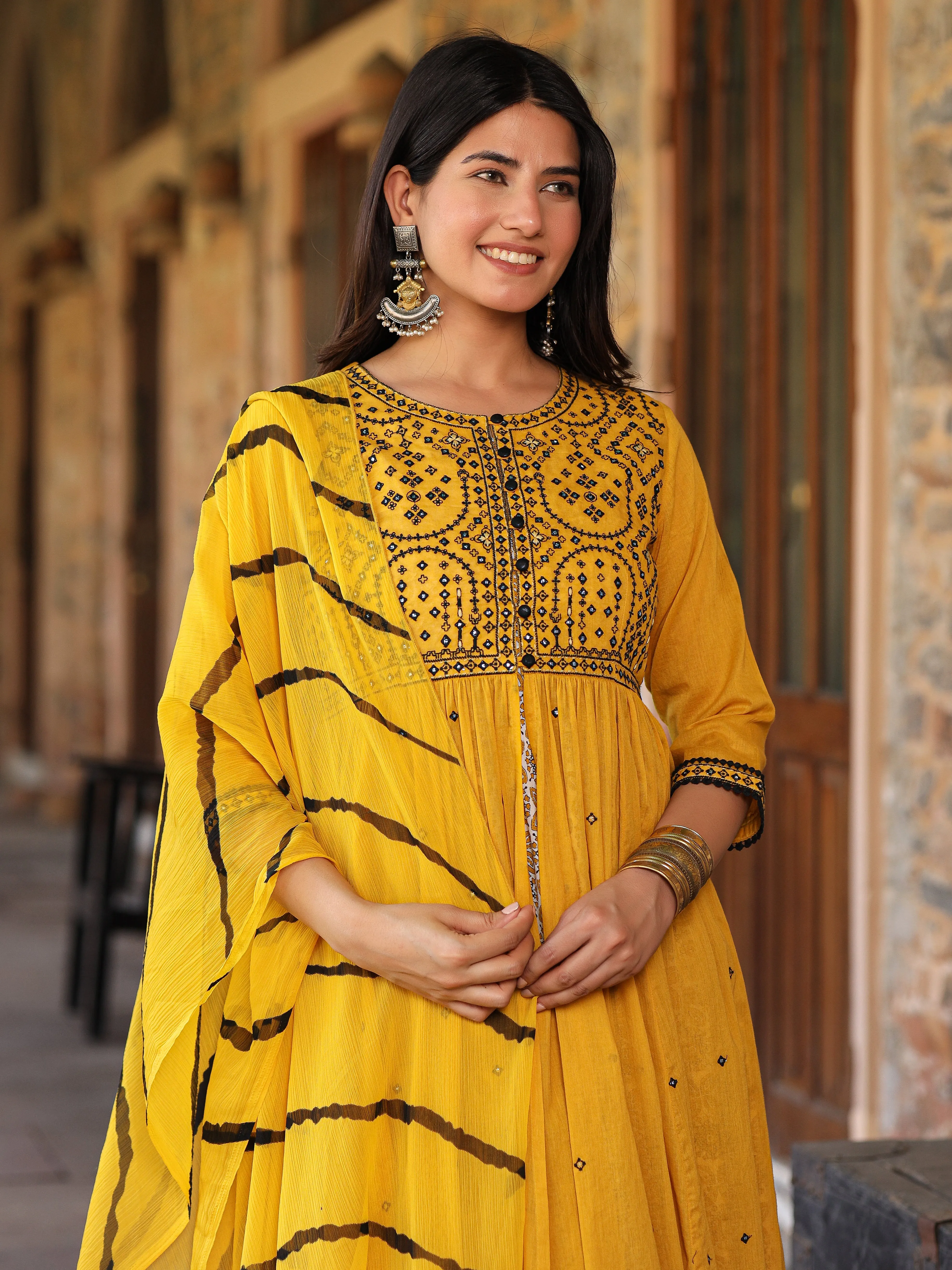 Jashvi Mustard & Black Cotton  Embroidered Anarkali Dress With Jacket & Tie-Dye Dupatta