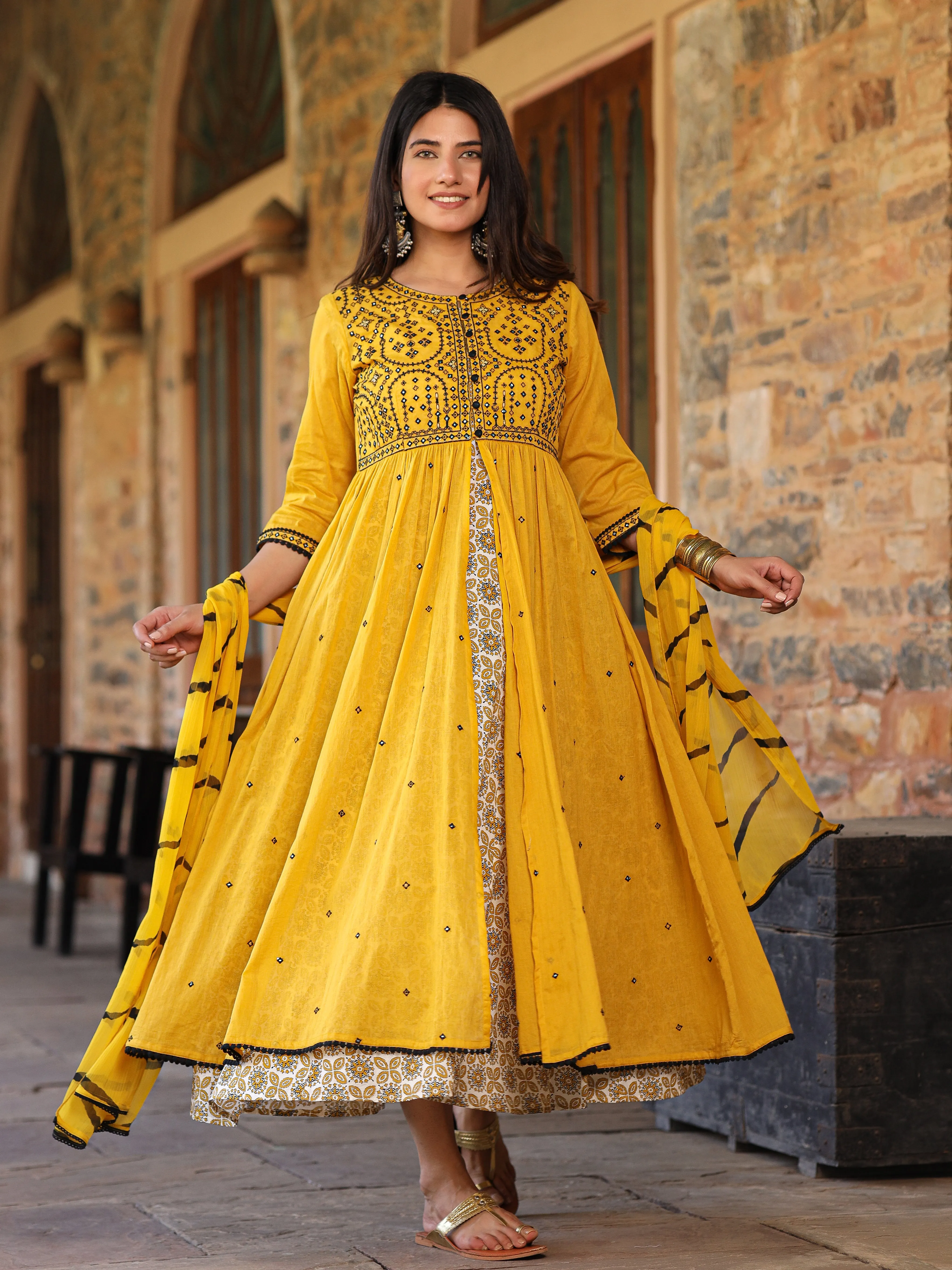 Jashvi Mustard & Black Cotton  Embroidered Anarkali Dress With Jacket & Tie-Dye Dupatta