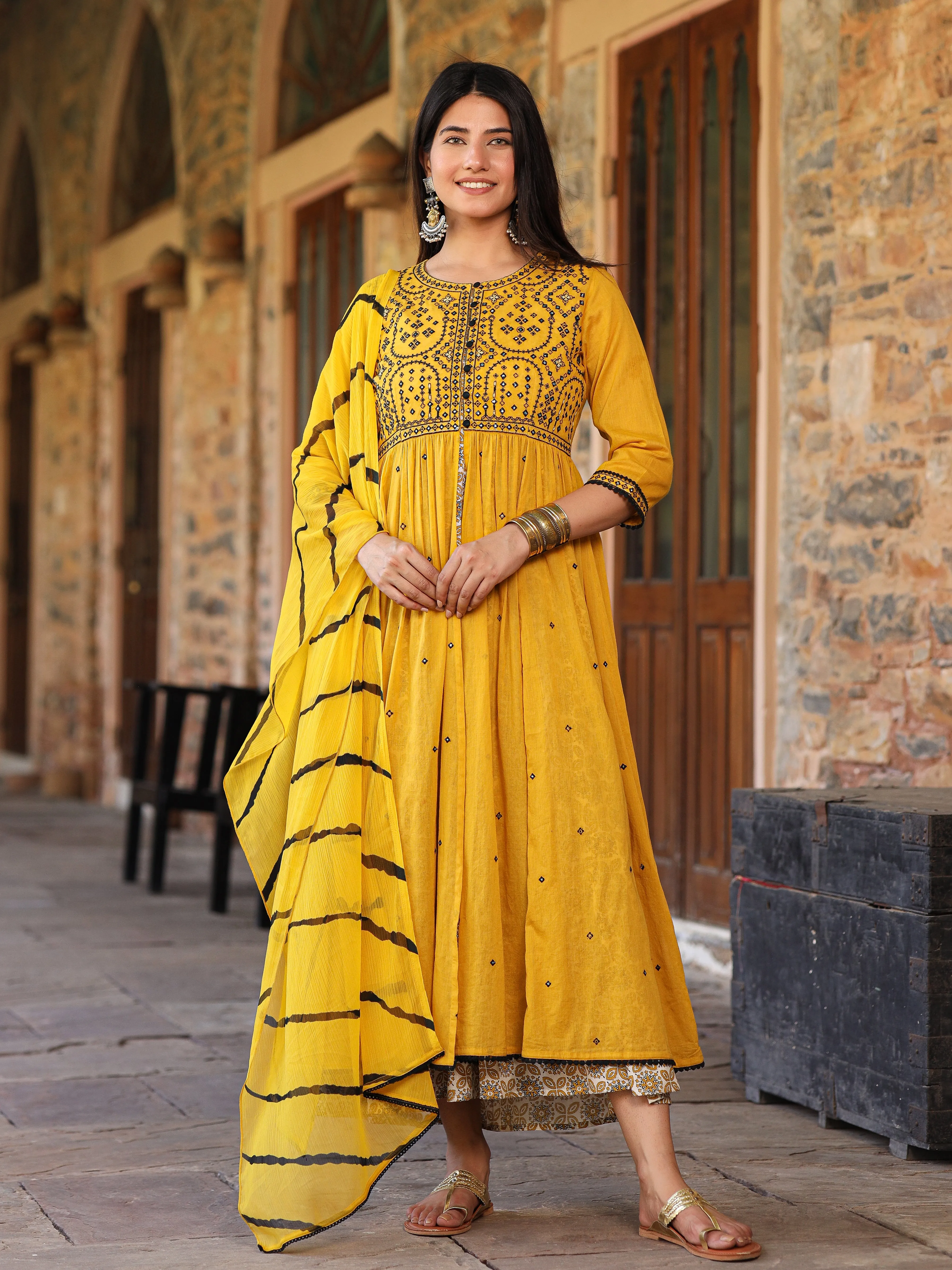 Jashvi Mustard & Black Cotton  Embroidered Anarkali Dress With Jacket & Tie-Dye Dupatta