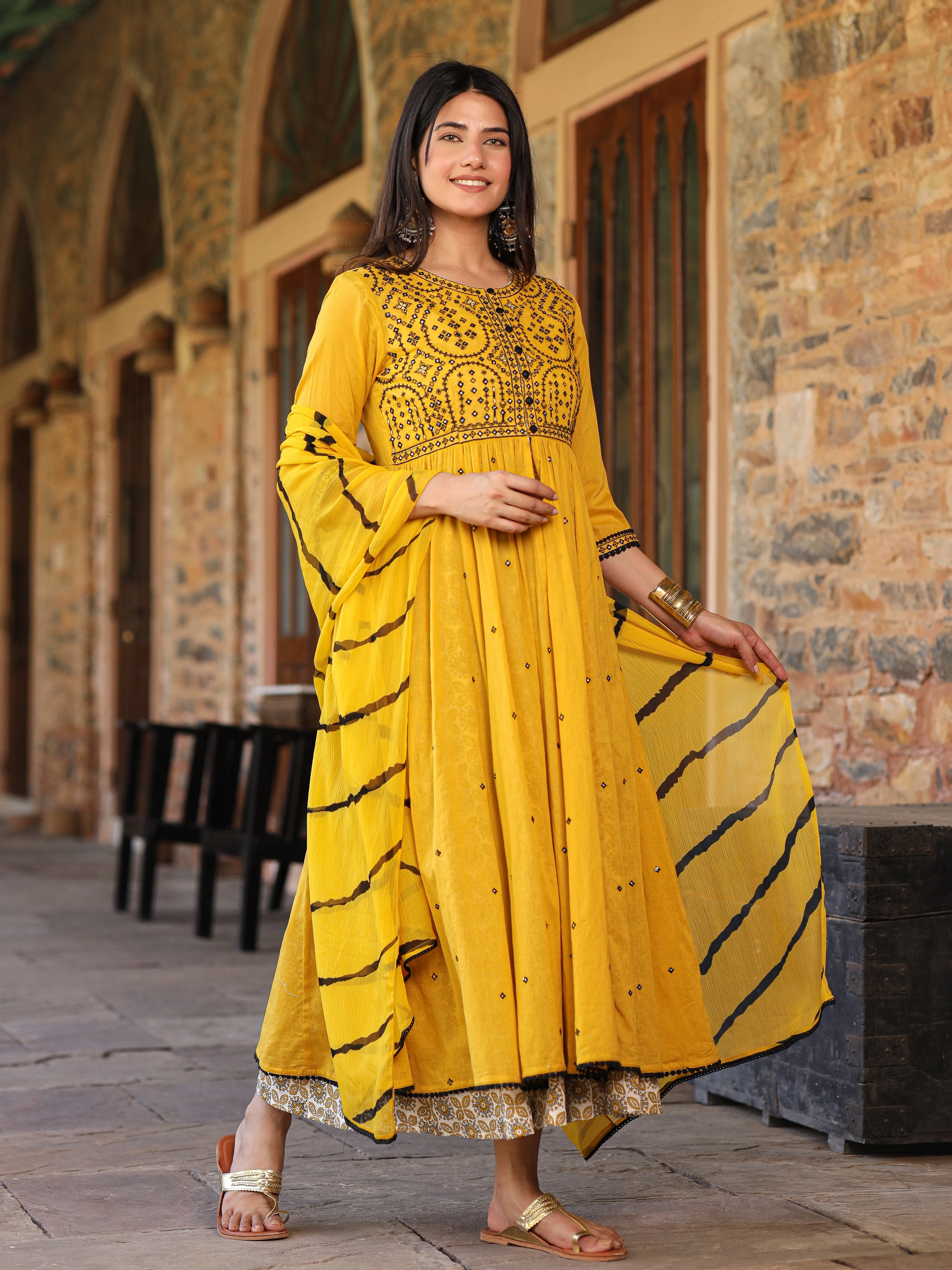 Jashvi Mustard & Black Cotton  Embroidered Anarkali Dress With Jacket & Tie-Dye Dupatta