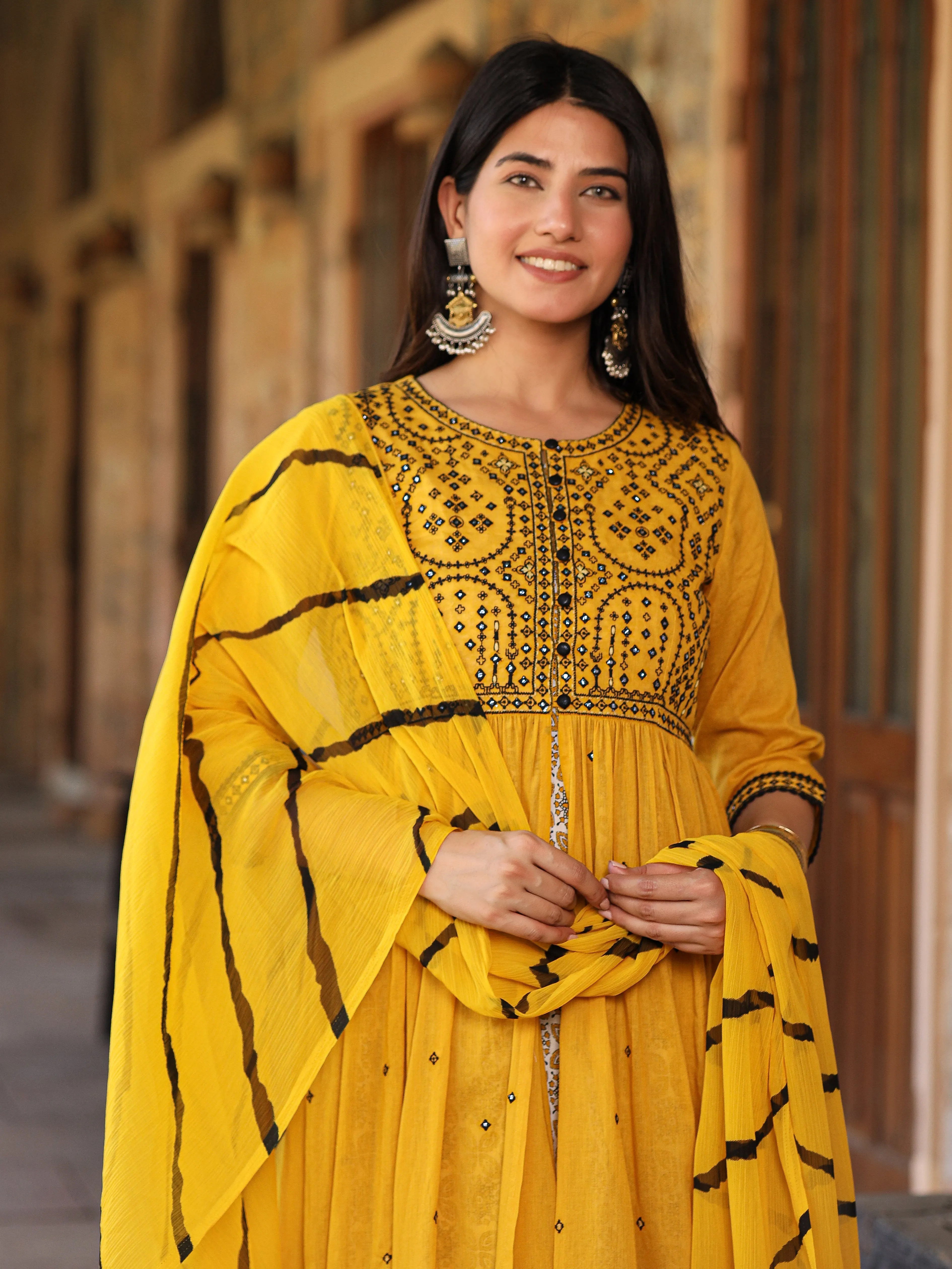 Jashvi Mustard & Black Cotton  Embroidered Anarkali Dress With Jacket & Tie-Dye Dupatta