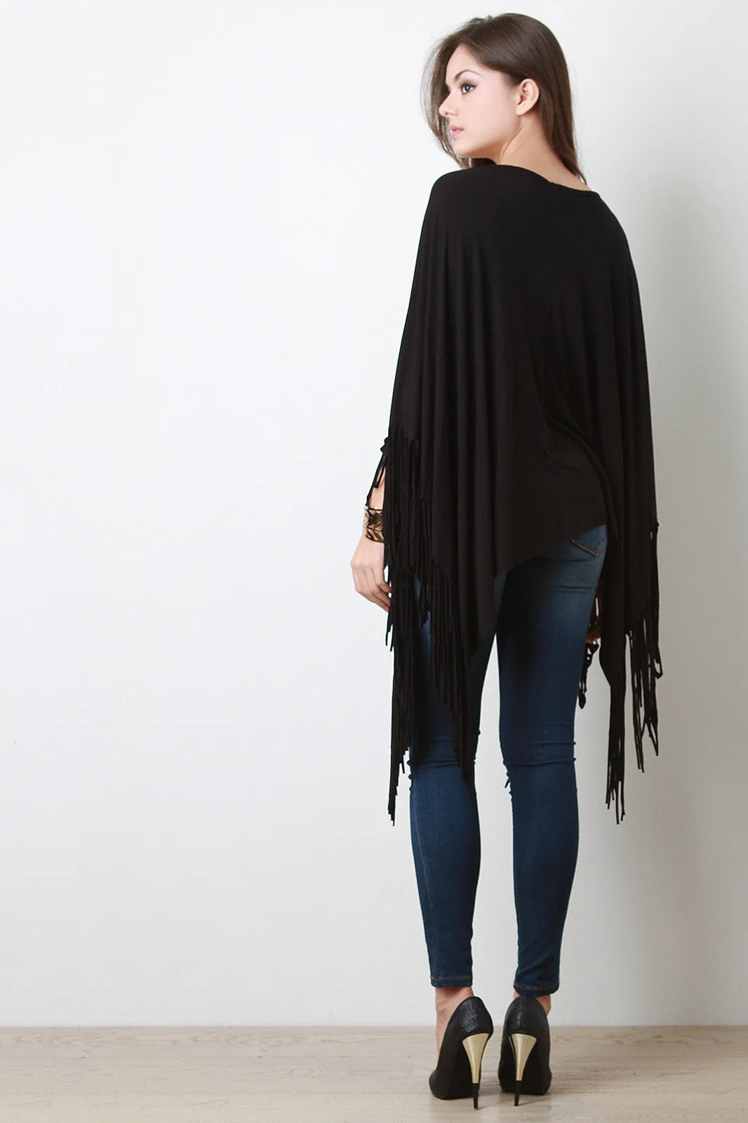 Jersey Knit Fringe Handkerchief Hem Poncho