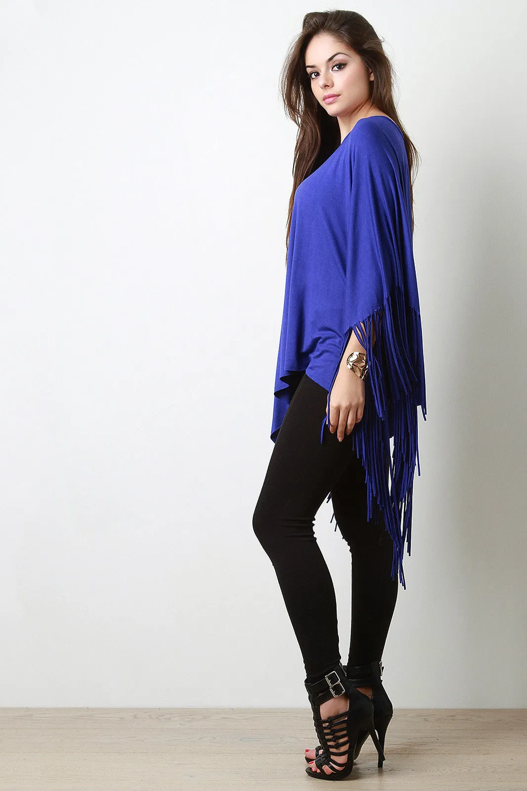 Jersey Knit Fringe Handkerchief Hem Poncho