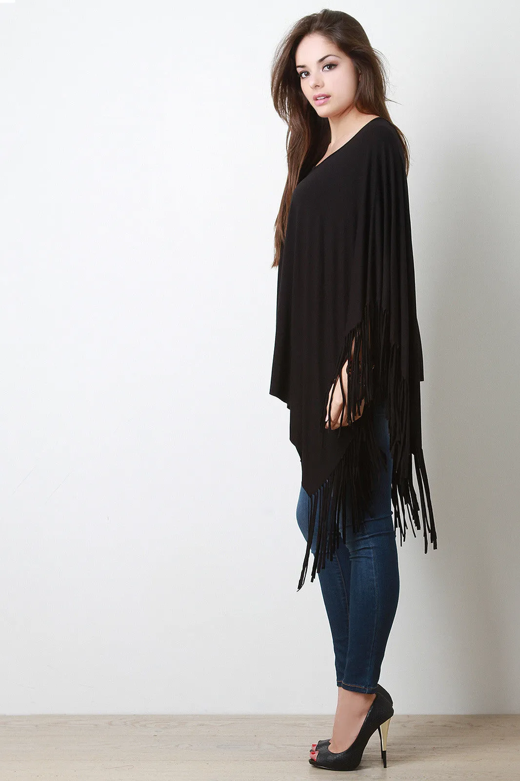 Jersey Knit Fringe Handkerchief Hem Poncho