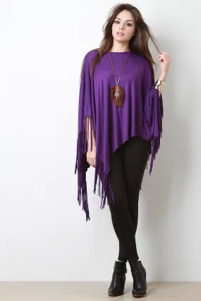 Jersey Knit Fringe Handkerchief Hem Poncho