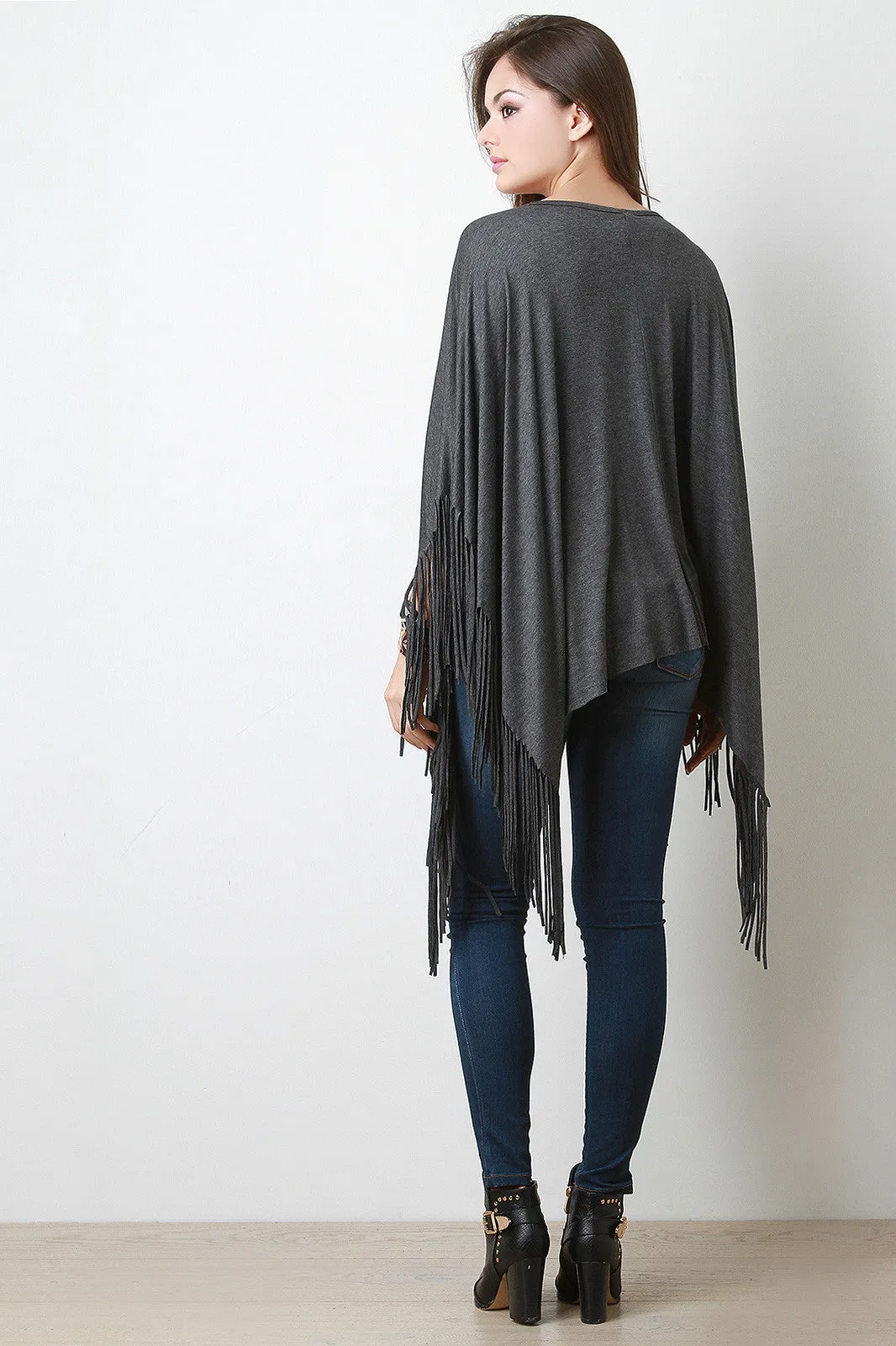 Jersey Knit Fringe Handkerchief Hem Poncho