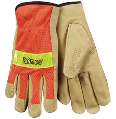 Kinco 909 High-Vis Nylon Fabric Mesh Back Golden Grain Pigskin Palm Elastic Wrist, 3M Scotchlite Reflective Knuckle Strap Keystone Thumb Gloves (One Dozen)