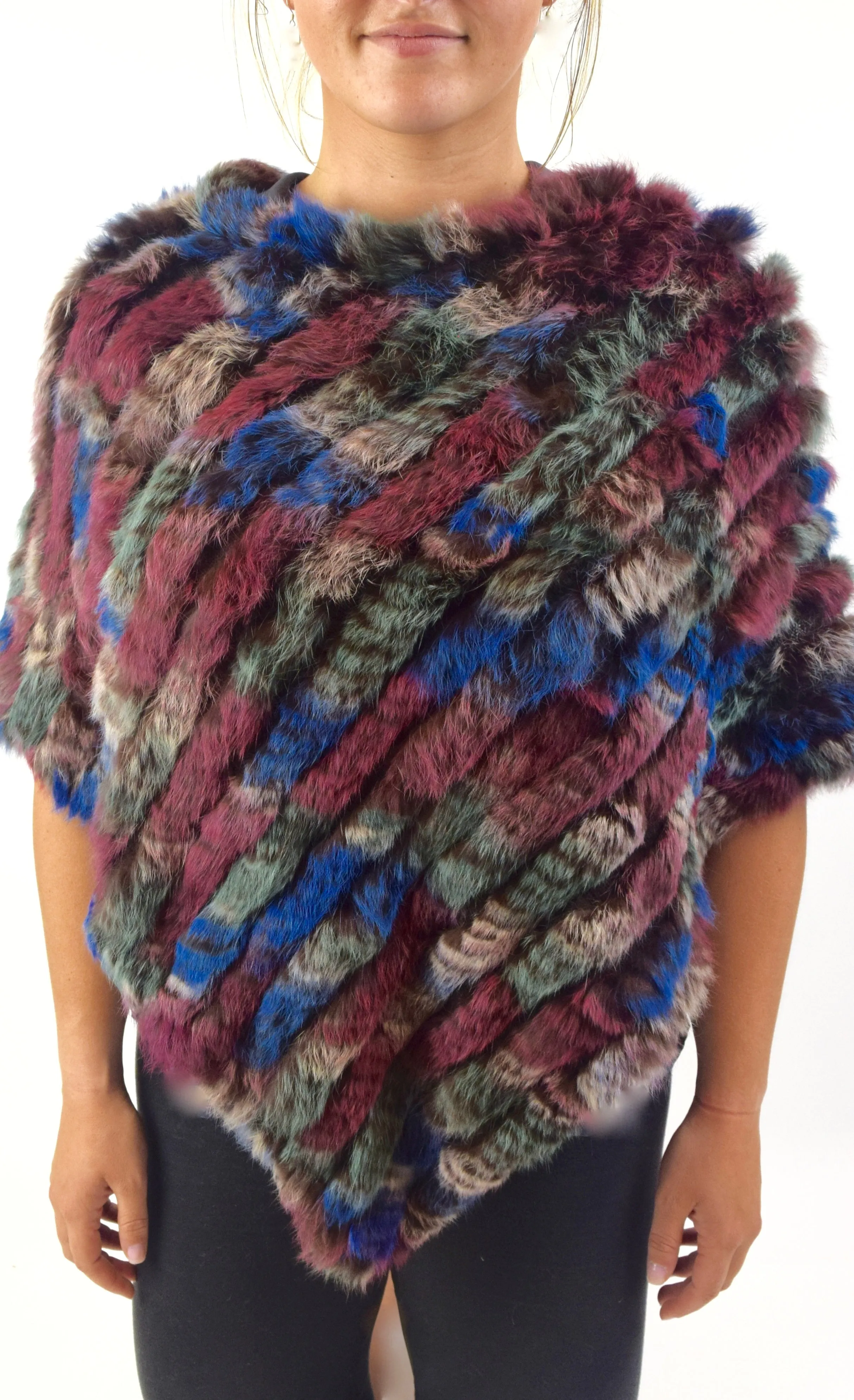 Knitted Rabbit Fur Poncho/Cape  (Multi-Colored)