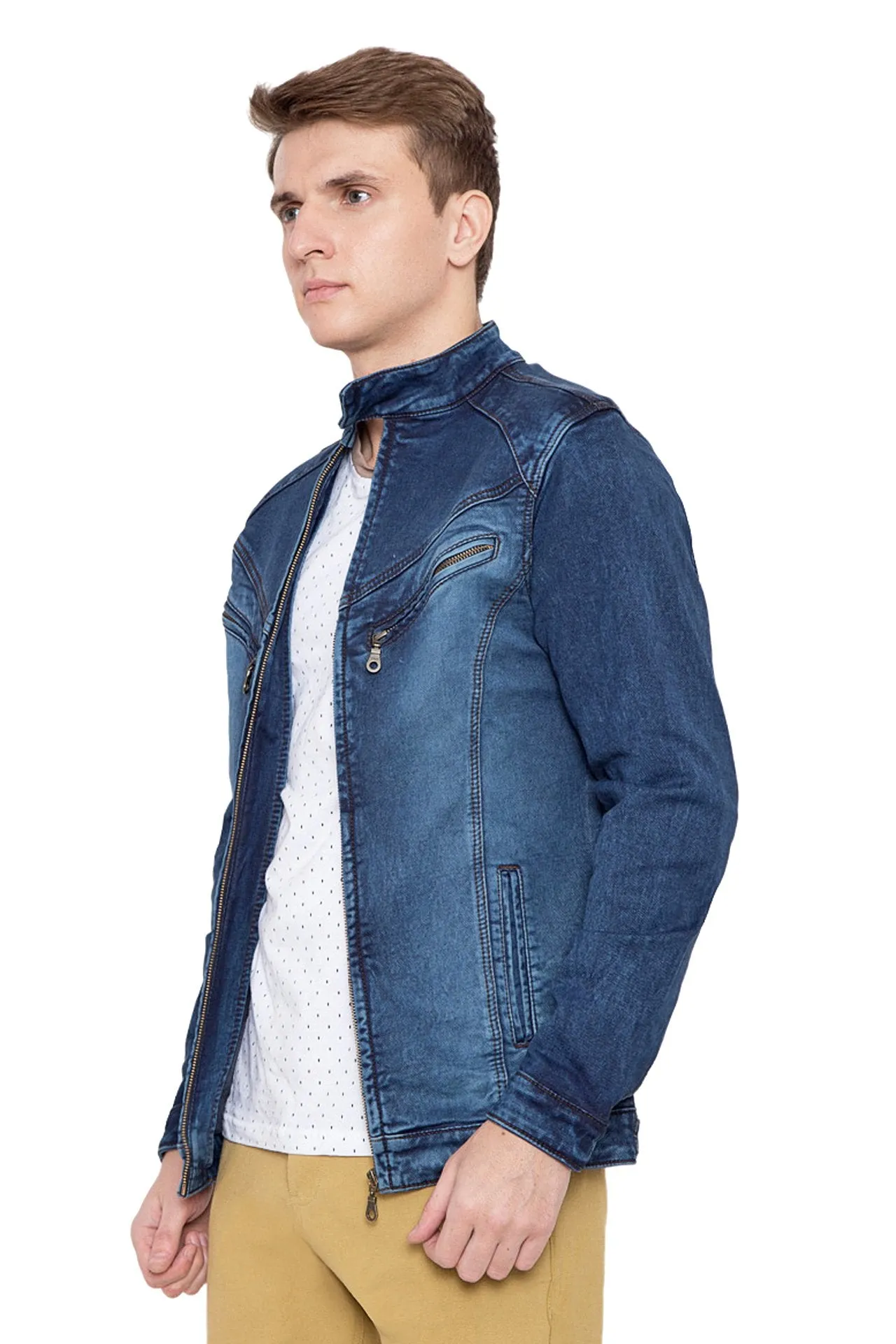 Krossstitch Full Sleeve Men's Denim Jacket with Zip Closer