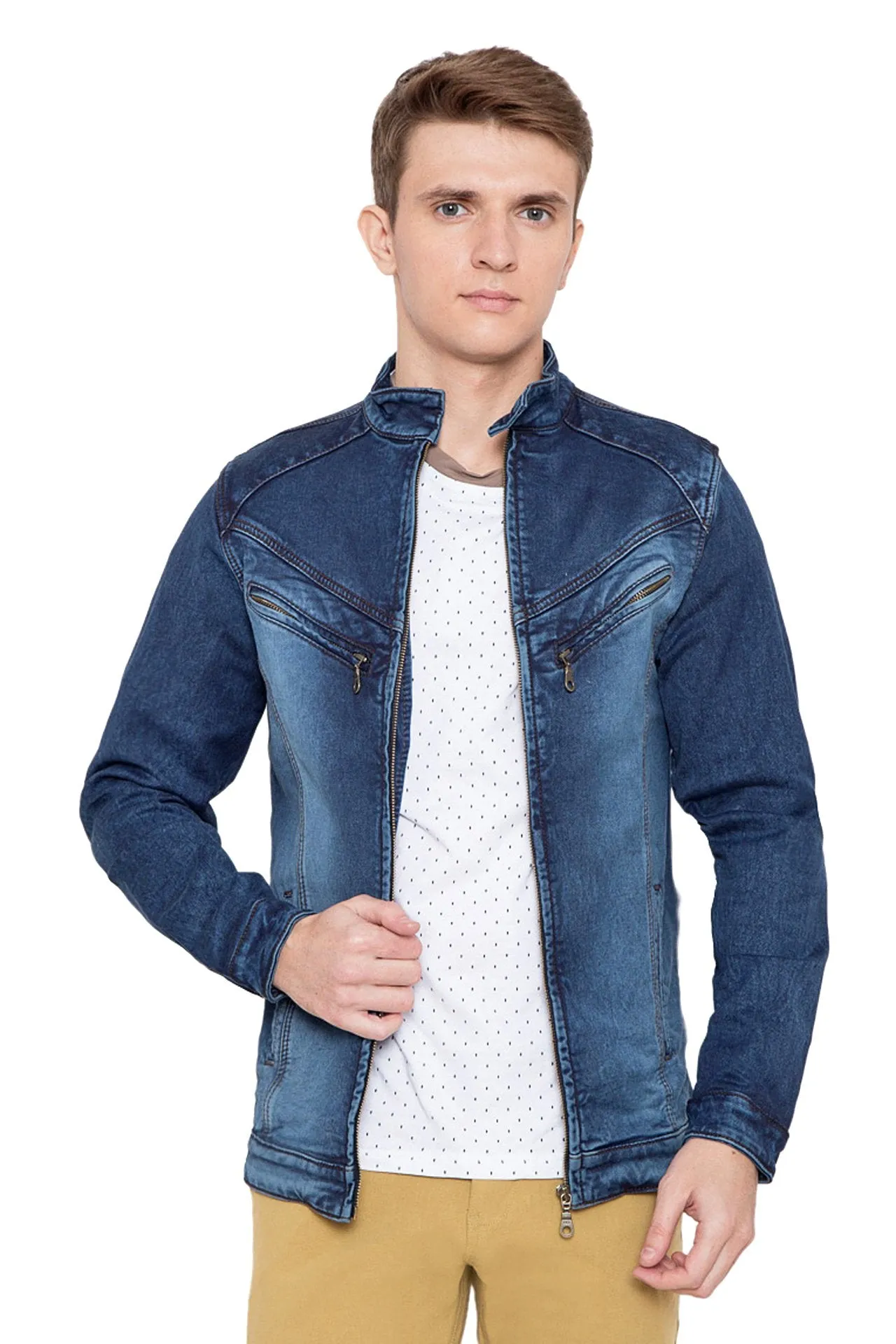 Krossstitch Full Sleeve Men's Denim Jacket with Zip Closer