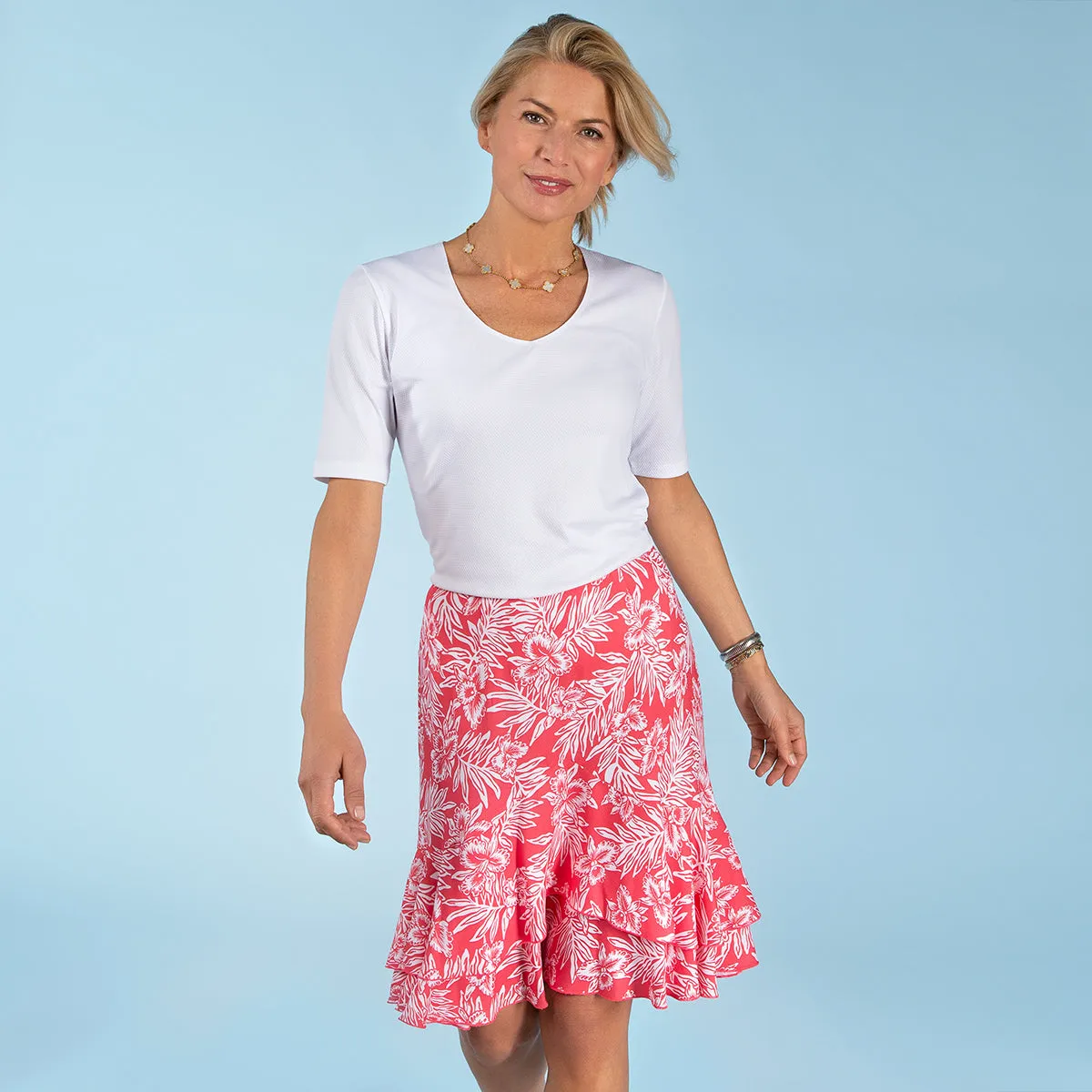 Layered Ruffle Skirt in Coral Hawaiian