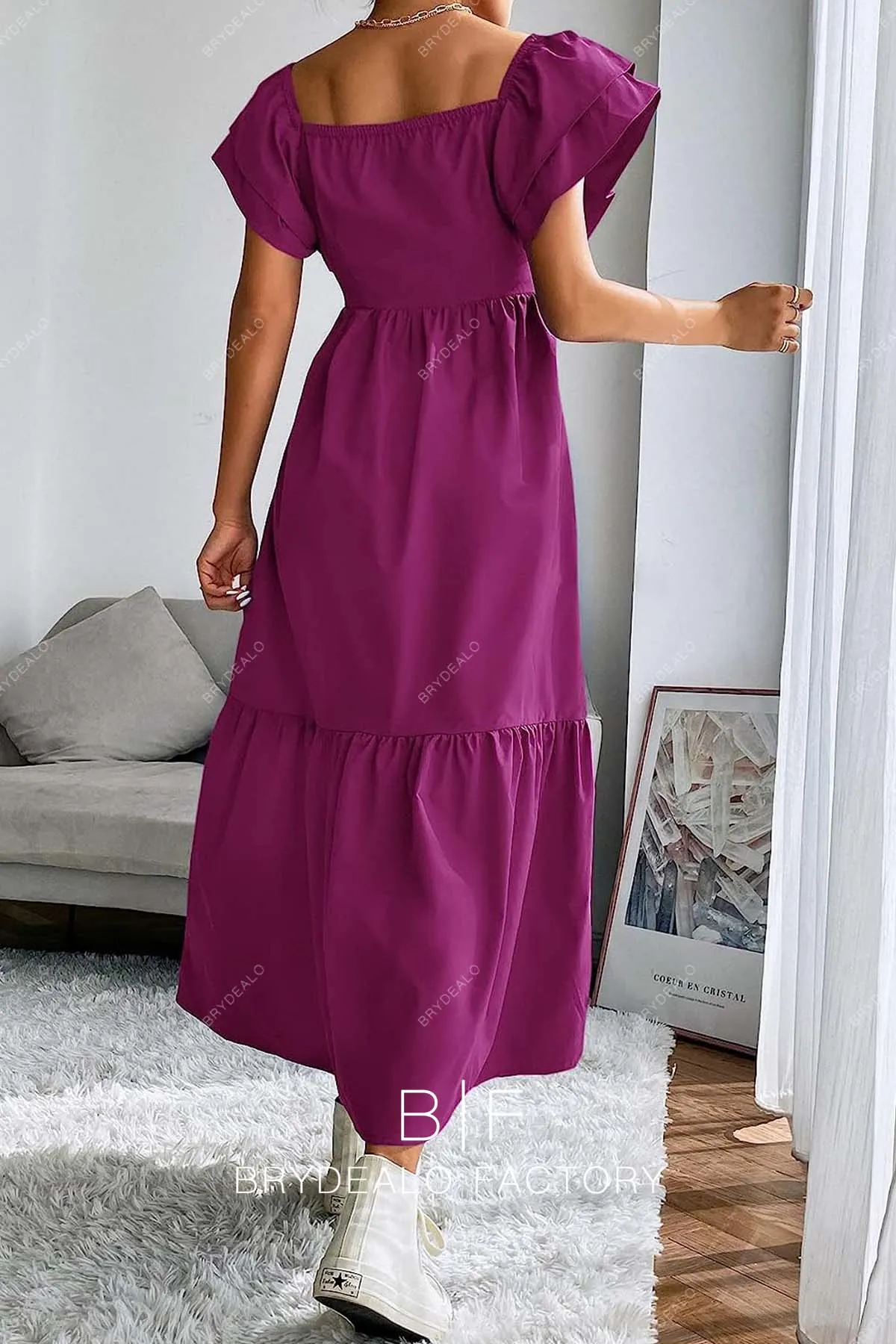 Layered Sleeves Raspberry Tea Length Homecoming Dress