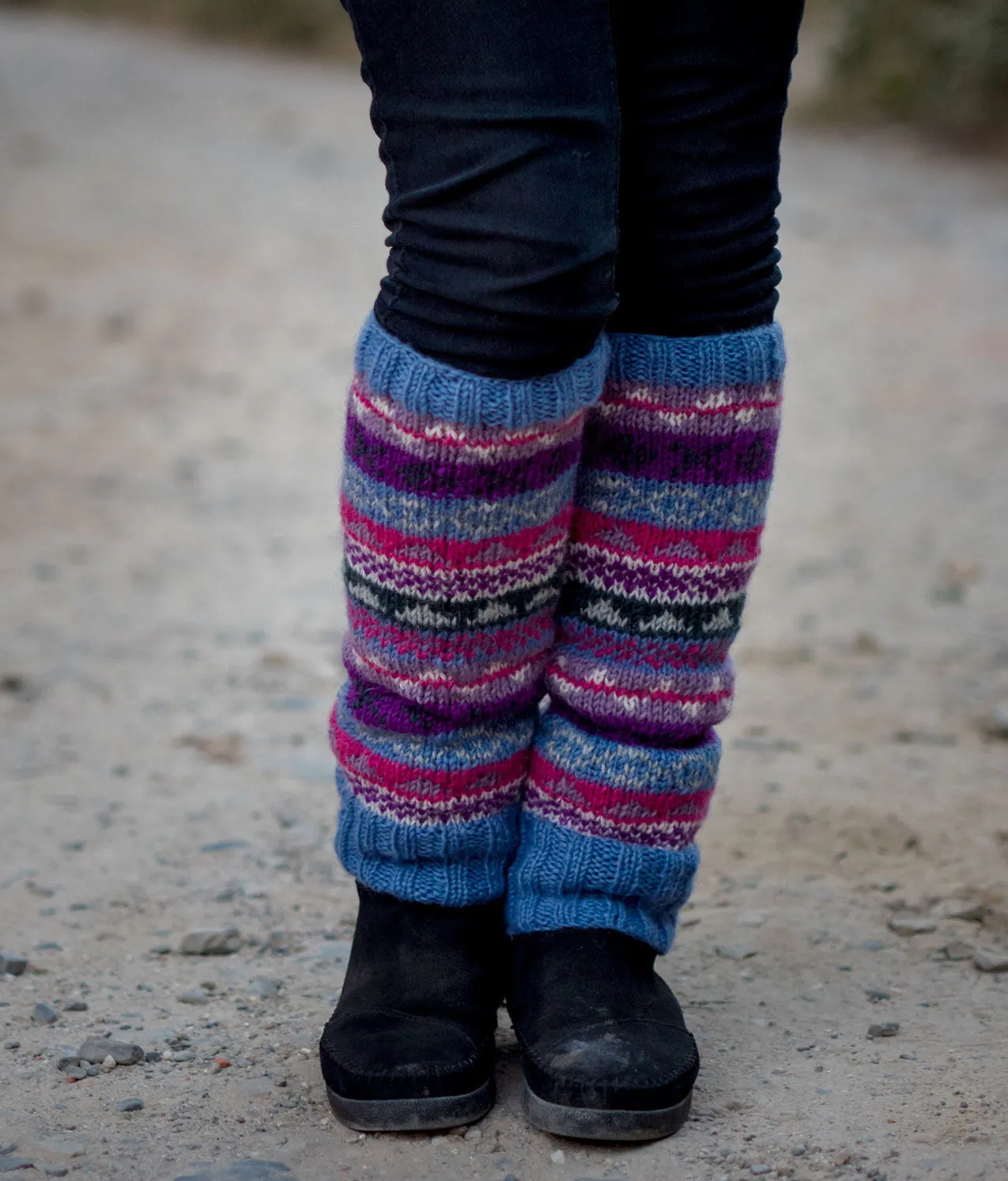 Light Blue Multicolored Pure Woolen Leg warmers