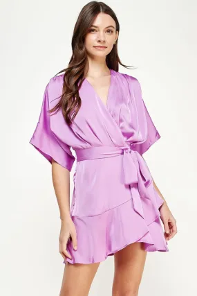 Lilac Flared Slv Faux Wrap Dress