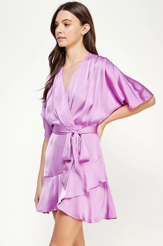 Lilac Flared Slv Faux Wrap Dress