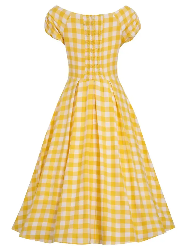 Lily Off Shoulder Yellow Gingham Swing Dress by dolly and dotty