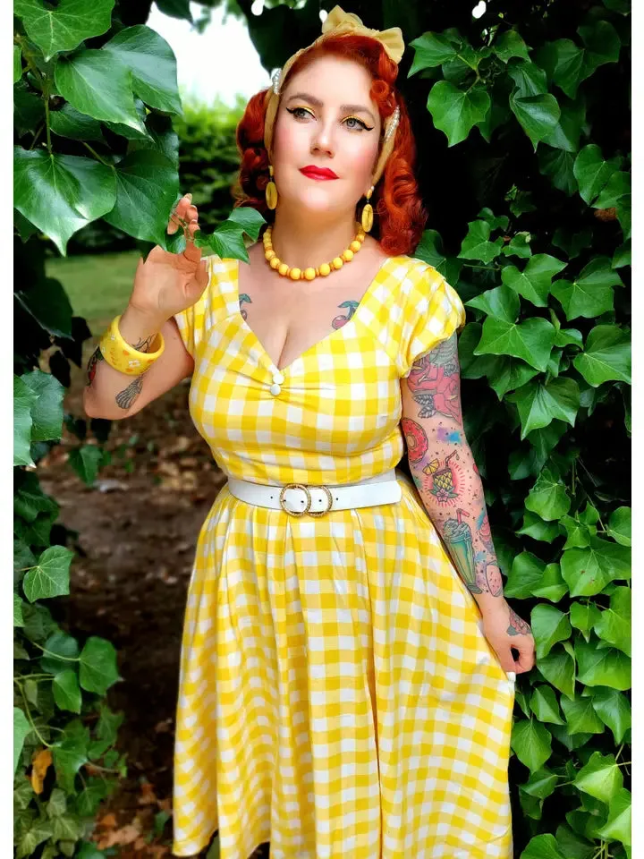 Lily Off Shoulder Yellow Gingham Swing Dress by dolly and dotty