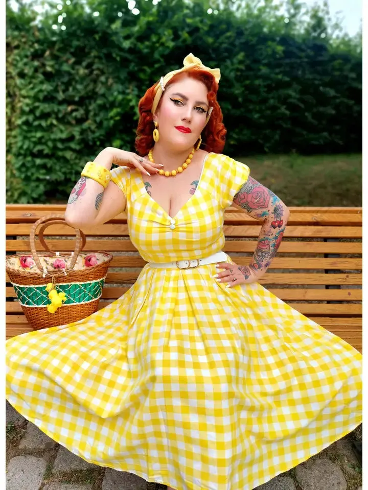 Lily Off Shoulder Yellow Gingham Swing Dress by dolly and dotty